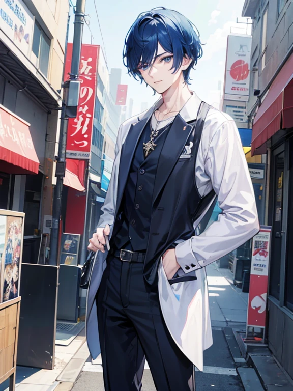 anime guy with short black hair and blue eyes standing on a sidewalk, normal pose, normal model pose, handsome guy art, anime handsome man, anime portrait of a handsome man, handsome japanese boy, boy smiles very cute, handsome anime pose, young anime man, male anime character, official character art, tall anime guy with blue eyes, male anime style, official character illustration, pretty boy, beautiful face, cool fashion style 