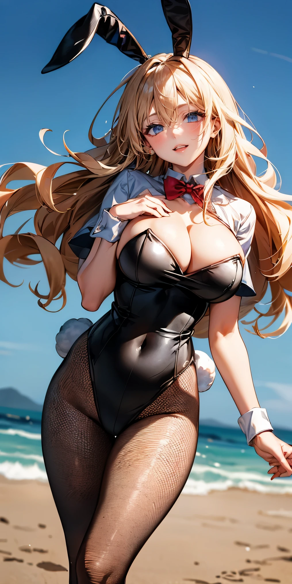 （（highest quality，8K，T Masterpiece：1.3））， sharp focus：1.2，cute woman with perfect figure：1.4，（（（（（huge cleavage））），（ridiculously big breasts：1.5），straight hair、hair blowing in the wind（huge hips），smile，thin abs：1.2，（（beautiful silver hair:1.4）），Highly deしっぽed face and skin texture，tail eye，double eyelid、/ (Wear a white top over a black playboy_bunny leotard:1.3), (Clothes divided into upper and lower parts:1.2), (short sleeve:1.1), (red bunny girl costume:0.8), (Fishnet tights:1.2), high heels, ((rabbit tail:1.2, Bunny ears)),
