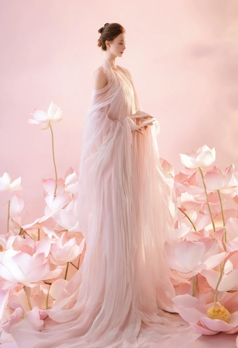 Light pink and light white tones,full bodyesbian,  white backgrounid, Natural lighting, Efeito de Luz, minimalist, Elegant, pure tenderness, softlighting, realisticlying. A woman who is (clavicle, bshoulders,) posing on a (pray and stand) A super giant lotus with large and long petals (Petals are made of thin, soft gauze fabric, Full background of flowing petals, floating petal, super flying petals, Smoke effect mixed with petals), Lotus dress,((ssee-through)).