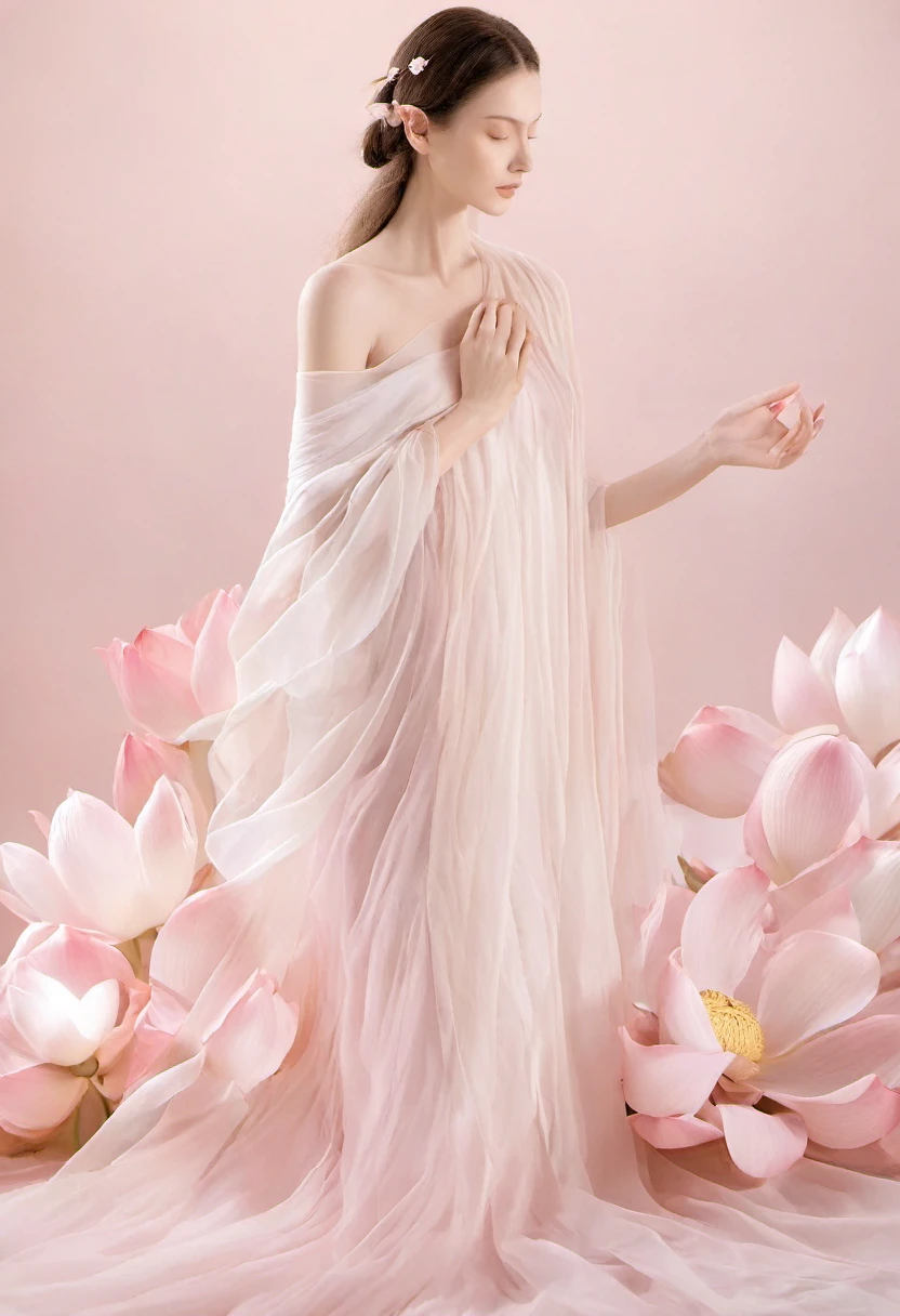 Light pink and light white tones,full bodyesbian,  white backgrounid, Natural lighting, Efeito de Luz, minimalist, Elegant, pure tenderness, softlighting, realisticlying. A woman who is (clavicle, bshoulders,) posing on a (pray and stand) A super giant lotus with large and long petals (Petals are made of thin, soft gauze fabric, Full background of flowing petals, floating petal, super flying petals, Smoke effect mixed with petals), Lotus dress,((ssee-through)).