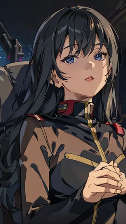 1girl, solo, detailed skin, ultra realistic 8k cg, picture-perfect face, flawless, clean, masterpiece, professional artwork, famous artwork, cinematic lighting, cinematic bloom, ((beautiful eyes)), intricate iris, (((perfect hands))), (extremely detailed background), ((dynamic background)), beautiful detailed girl, beautiful detailed nose, light on face, looking at viewer,black hair, long hair, (eff officer, uniform), military uniform,