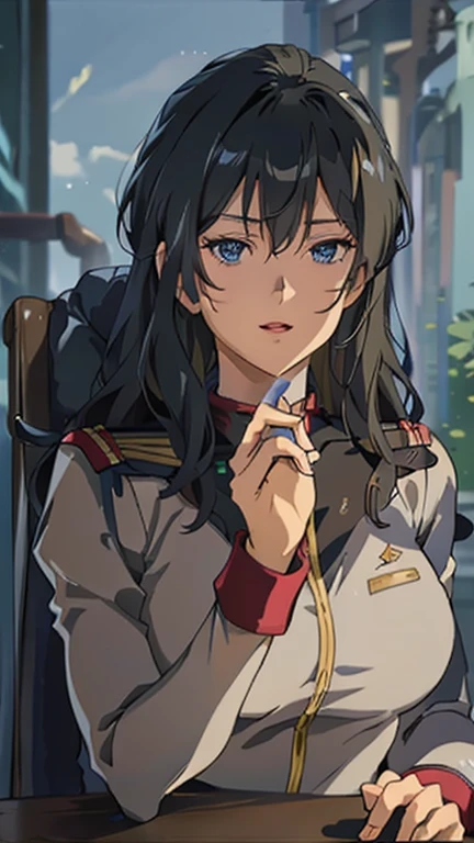 1girl, solo, detailed skin, ultra realistic 8k cg, picture-perfect face, flawless, clean, masterpiece, professional artwork, famous artwork, cinematic lighting, cinematic bloom, ((beautiful eyes)), intricate iris, (((perfect hands))), (extremely detailed background), ((dynamic background)), beautiful detailed girl, beautiful detailed nose, light on face, looking at viewer,black hair, long hair, (eff officer, uniform), military uniform,