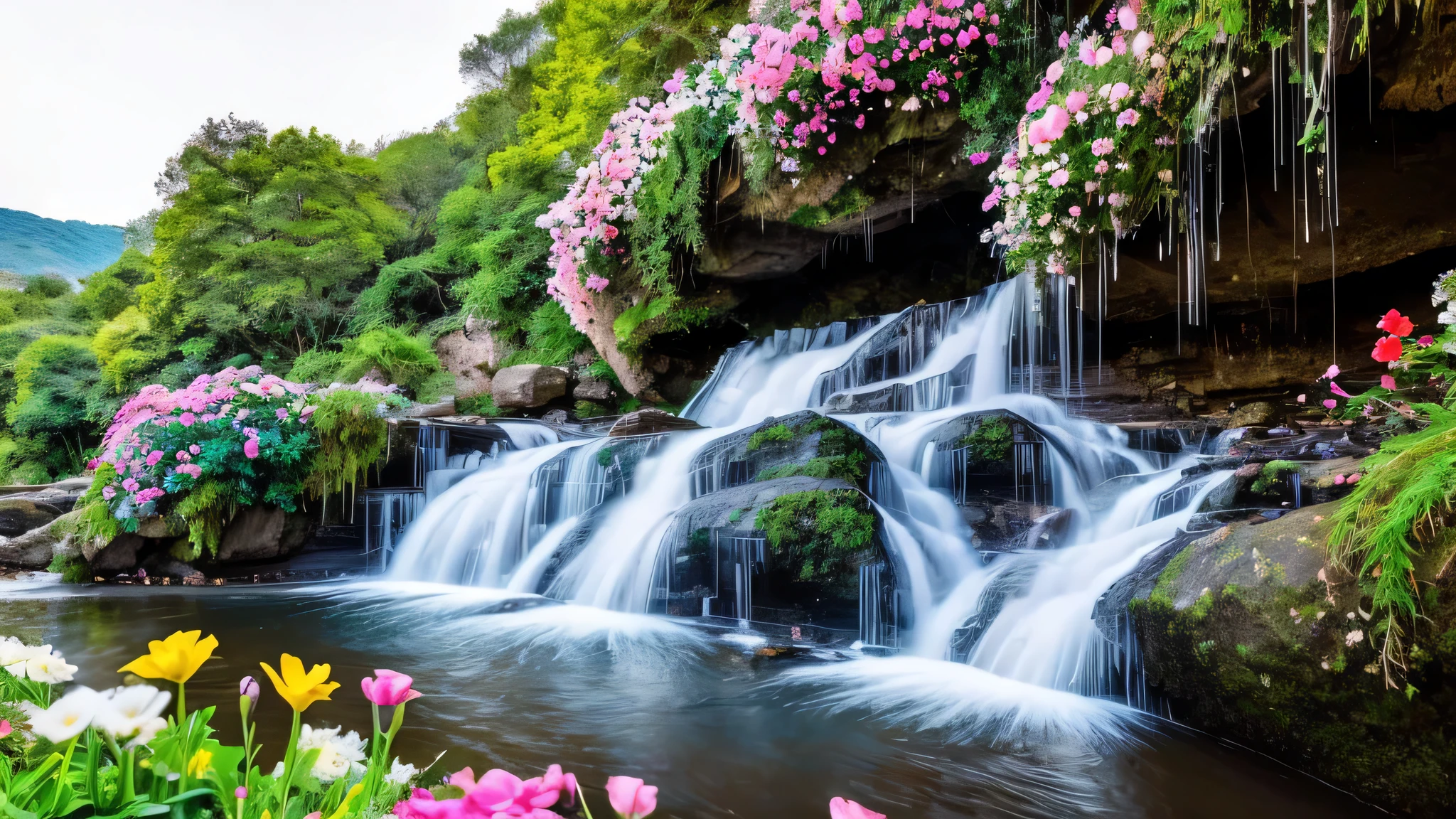 a close up of a waterfall with a bunch of flowers on it, flowers and waterfalls, peaceful beautiful waterfall, beautiful stunning waterfall, waterfalls and lakes, beautiful waterfall, stunning waterfall, floating waterfalls, beautiful nature, lakes and waterfalls, pink waterfalls, waterfall backdrop, with waterfalls and river, cascading, waterfalls, cascading waterfalls, beautiful wallpaper, stunning scene