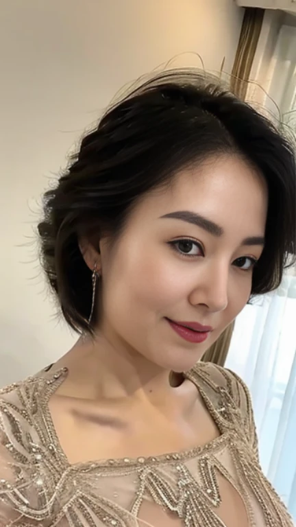 最high quality, 8K, lively, sharp focus, high quality, High resolution, middle-aged women, mature woman, 49 years old, (Full body Esbian), (Detailed face wearing high heels, highly detailed eyes, thick lips, plump body shape、plump face、((big breasts 1.3))、((In underwear))、Love hotel room view、random hairstyle、gentle smile、