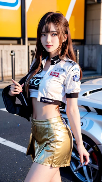 (8K, Raw photo, best quality, muste piece:1.2), (Reality, photorealistic:1.37), ultra high resolution, 1 girl, 18 years old, (Idol type:1.4), (famous actress :1.4), (beautiful detailed face:1), bangs,  (multicolor floating hair), skin dentelation, Makeup is light, (beautiful big breasts:1.3), (sparkling skin:1.1), shiny skin, long limbs, slim, hanging chest:1.3, narrow waist, medium hips, slim legs, slim太もも, dynamic lighting, a face that suggests something sexual, Shiny texture, Lipstick, V-shaped eyebrows, V line jaw, Looking at Viewer, (long hair:1.3), (perfect face:1.4), ((strong wind)), flowing hair, audience, (shy smile:1.3), blue sky, (((Monte Carlo Street Circuit))), (((racing car))), (((racing bike))), ((promotion girl:1.3)), ((grid girl:1)), pink lip, Makeup is light, (Detailed promotional costumes are intricately worn:1.10), lace up boots, short sleeves, cropped tops, ((short jacket:1)), (tube top bra:1), knee high, (((Nylon short sleeve jacket with many logos))), (Glitter long nylon pleated skirt with logo), small ass,  ((promotional wear with logo:1.3)), (((gold and white glitter promotional wear))), fingerless gloves, black hair, brown hair, red hair, eyes are blue, (sweat drop:1), (dynamic angle), walking,  audience,