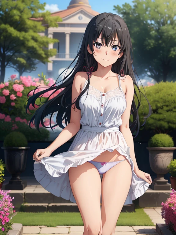 ((masutepiece, Best Quality, hight resolution, nffsw, Perfect Pixel, depth of fields, 4K, )), 1girl in, Solo, , Beautiful anime girl, Beautiful Art Style,
running:1.3, hands behind back:1.3, garden background, Looking at viewer.
Perfect body, grin smile, lift skirt, show panties:1.3, white dress:1.2
yukinoshita yukino, black hair, long hair, medium breasts, Full face blush,
straight-on:1.4
