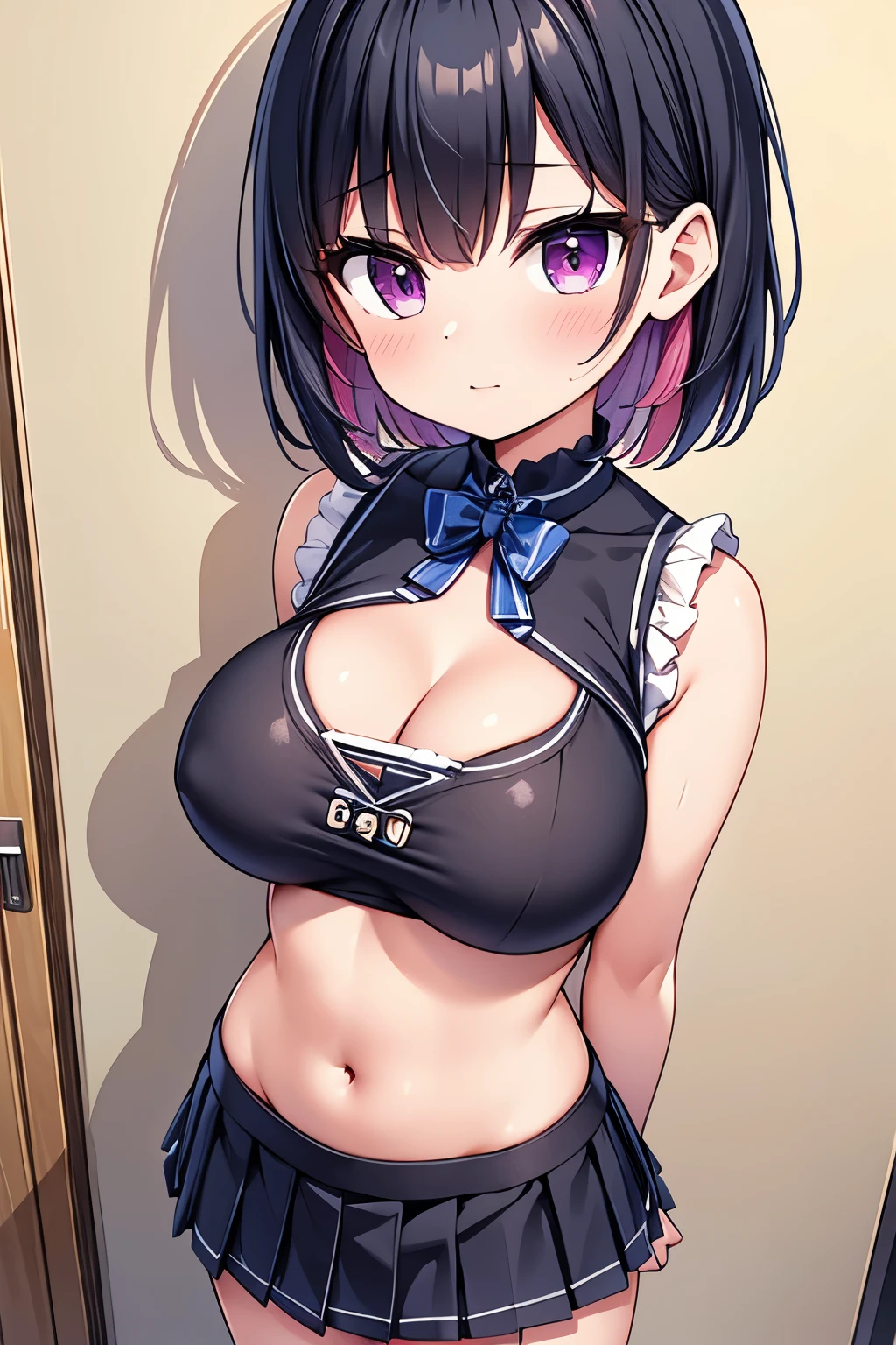 masterpiece, highest quality, super detailed, 8K, portrait shot, 1 girl, looking at the viewer, turn your arms behind your back, (Black Band Top:1.3), bare shoulders, clavicle, (underboob:1.3), cleavage, huge breasts, short hair, pink hair, purple eyes,(expensive , pleated mini skirt:1.5), written boundary depth,Mash Kyrielight