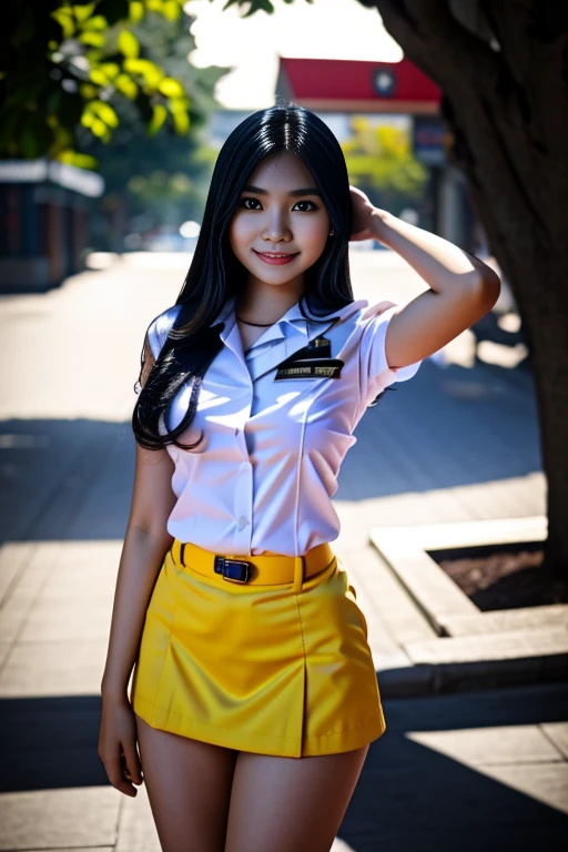 Beauty Indonesian woman in student uniform, beauty big breast, show pubic hairs, vivid colors, bokeh