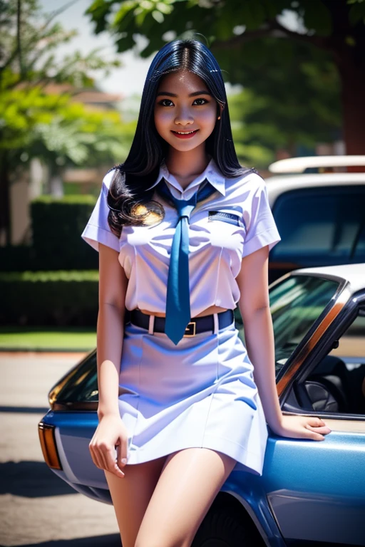 Beauty Indonesian woman in student uniform, beauty big breast, show pubic hairs, vivid colors, bokeh