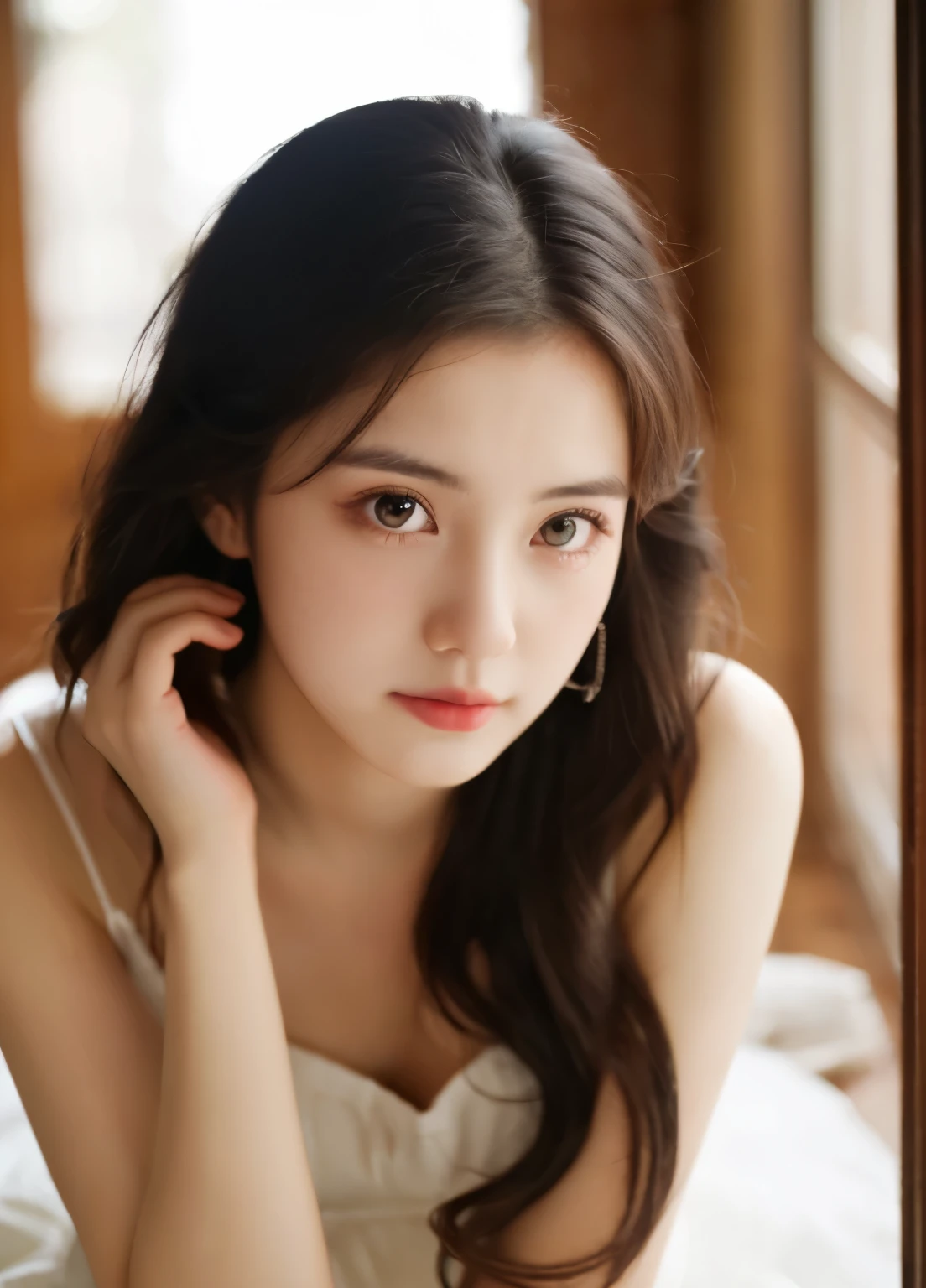 ulzzang-6500-v1.1, (Raw photo:1.2), (Photoreal), beautiful detailed girl, (See-through:1.3), (genuine: 1.4), very detailed目と顔, beautiful and fine eyes, elegant long dress、huge file size, High resolution, very detailed, highest quality, [masterpiece:1.6], enlightenment, very detailed, nffsw, finely, highest quality, 8k wallpaper, movie lighting, 1 girl, 17 years old, perfect body shape, Cute sagging eyes、beautiful big eyeuste piece)), highest quality, 1 girl, eye shadow, Upper body, portrait, ((full body shot:1.2))、