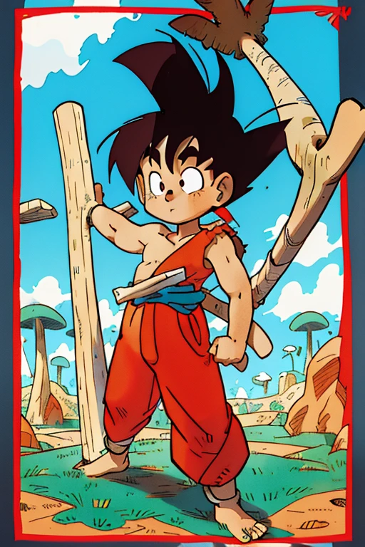 cute -yeld kiboy, black hair, shirtless, barefoot, red clothes desertpunk style, holding a long stick, Akira Toriyama art style, full body