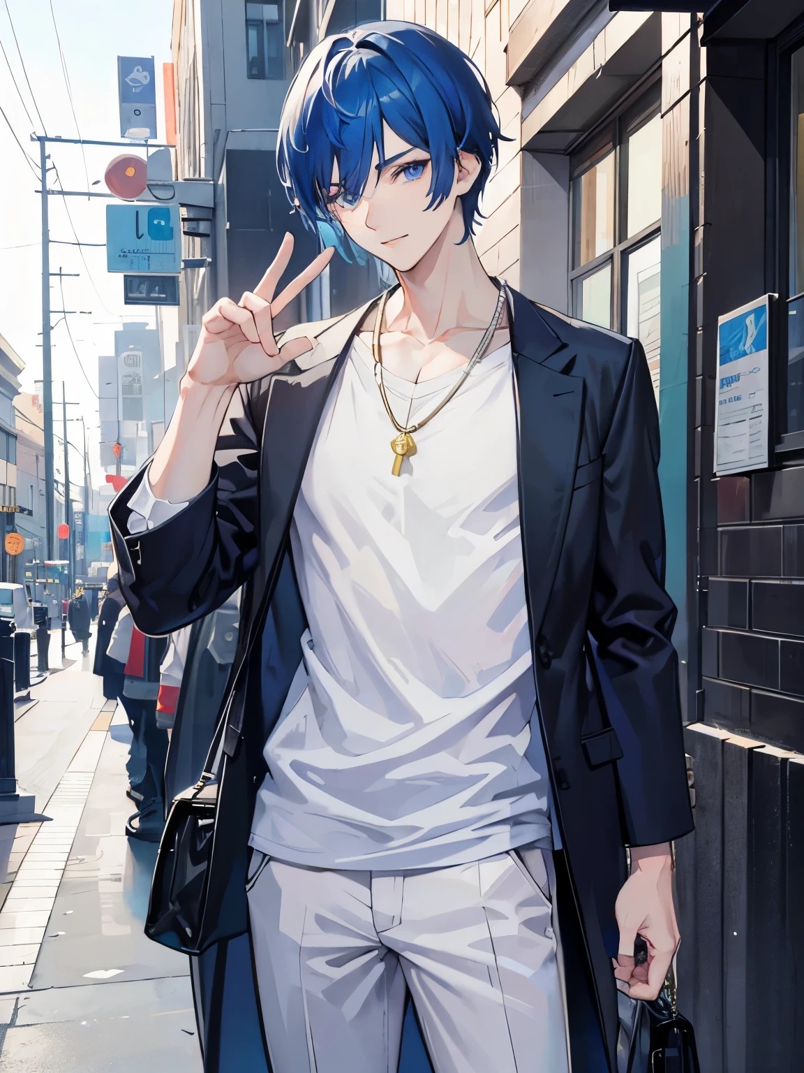 anime guy with short black hair and blue eyes standing on a sidewalk, normal pose, normal model pose, handsome guy art, anime handsome man, anime portrait of a handsome man, handsome japanese boy, boy smiles very cute, handsome anime pose, young anime man, male anime character, official character art, tall anime guy with blue eyes, male anime style, official character illustration, pretty boy, beautiful face, cool fashion style