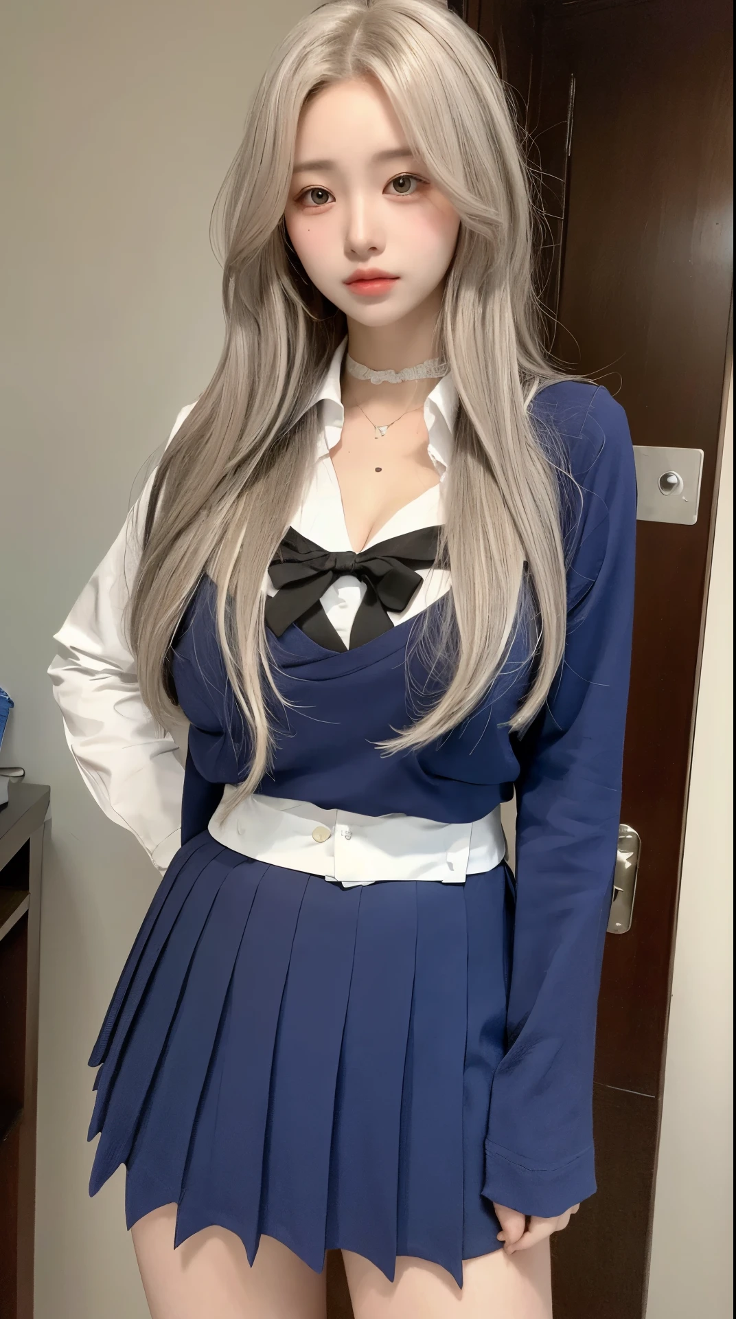 perfect figure beautiful woman:1.4,Layered Hair Style,Protruding cleavage:1.2,Japanese high school girls' uniform:1.5,Highly Detailed Face and Skin Textur,double eyelid,Whiten the skin,long whitr hair,night