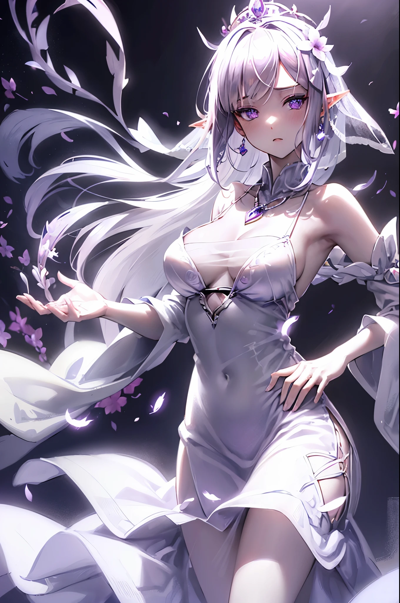 Emilia princess from Re:Zero kara Hajimeru Isekai Seikatsu, half elf, ((gorgeous white and purple elegant silk dress, holding a bunch of clematis, silk accesory, veil, silver necklace, diamond ring, flower earring, belt, collar, silver crown, silk long sleeves)), grace hair style, garden background, ((perfect body shape, medium breast, empress and forzen aura, flower and feather flying effect, clean detailed skin, silver and light purple pupil, blush)), best quality anime 16k wallpaper quality, extreme eye and body detail, spiral energetic girl, spirit around, high resolution , masterpieces, ultra lighting