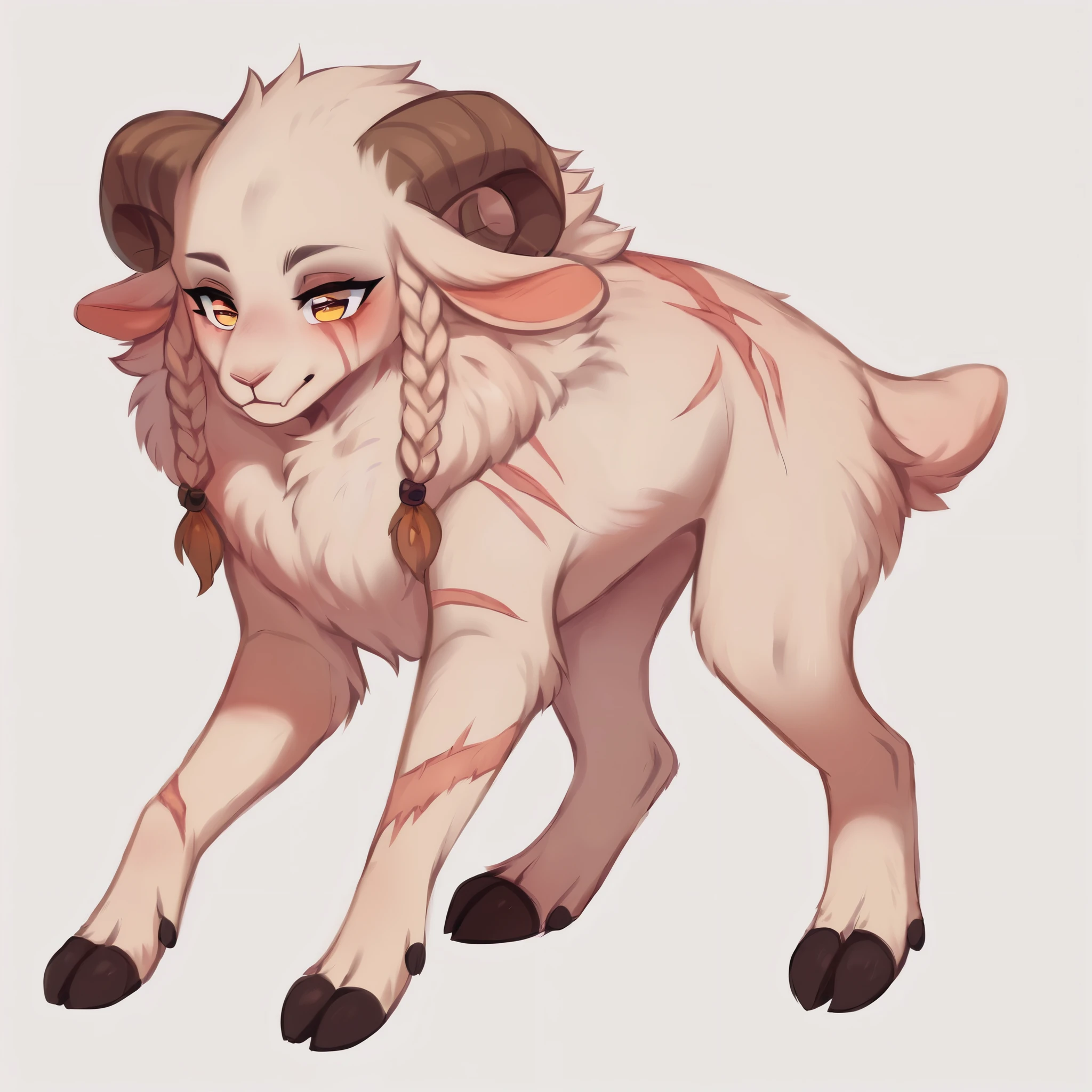 score_9, score_8_up, score_7_up, score_6_up, score_5_up, score_4_up, show accurate, full body, simple background, feral goat, female goat, white fur, albino fur, single color fur, teenage goat, adorable face, goat horns, goat pupil, golden eyes, tender look, loving look, mane covering the neck, mane on the back of the neck, small braids in her hair and mane, braids of the same size, standing on all fours, many scars all body, long scars, scars on the face,