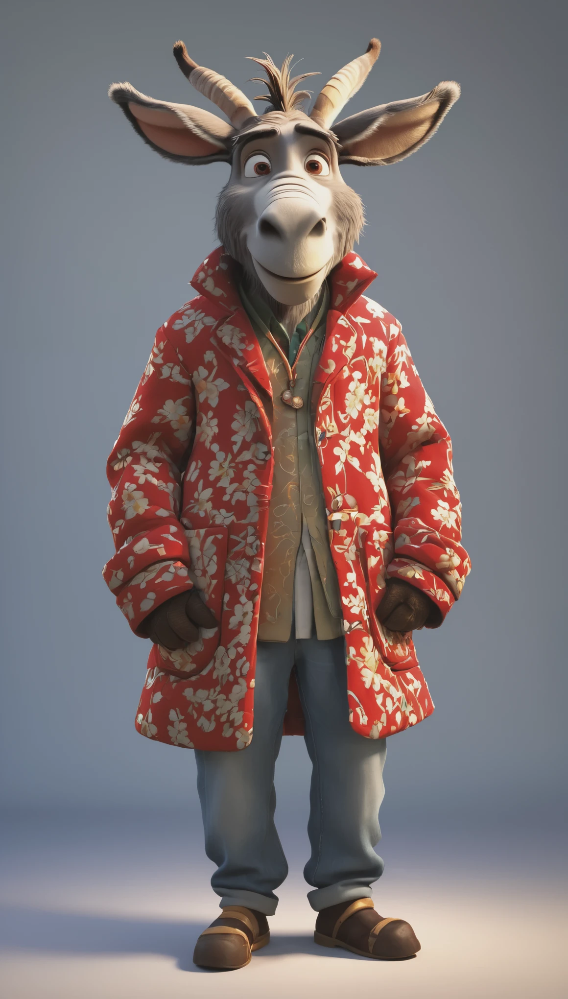 3d，c4d，disney art of animation，personification，Donkey man，Donkey-headed man，Wearing a Northeastern red floral thick cotton coat，Cross your arms，Head turned to one side stubbornly，8k，high quality，masterpiece