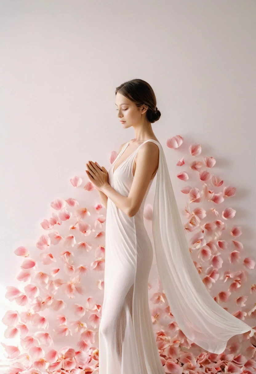 Light pink and light white tones,full bodyesbian,  white backgrounid, Natural lighting, Efeito de Luz, minimalist, Elegant, pure tenderness, softlighting, realisticlying. A woman who is (clavicle, bshoulders,) posing on a (pray and stand) A super giant lotus with large and long petals (Petals are made of thin, soft gauze fabric, Full background of flowing petals, floating petal, super flying petals, Smoke effect mixed with petals), Lotus dress,((ssee-through)).