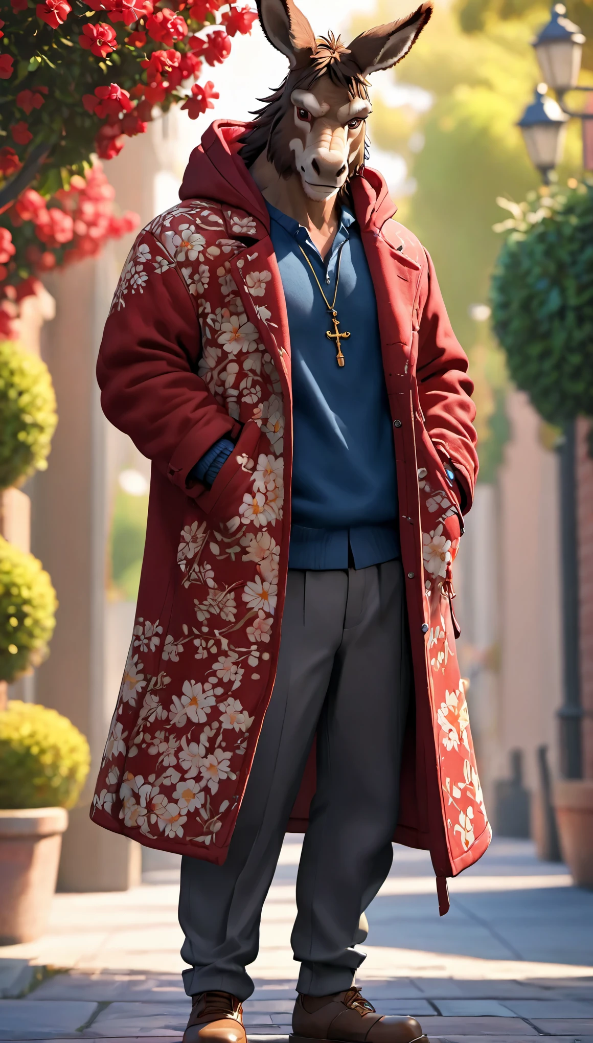 3d，c4d，disney art of animation，personification，Donkey man，Donkey-headed man，Wearing a Northeastern red floral thick cotton coat，Cross your arms，Head turned to one side stubbornly，OC renderer，8k，high quality，masterpiece