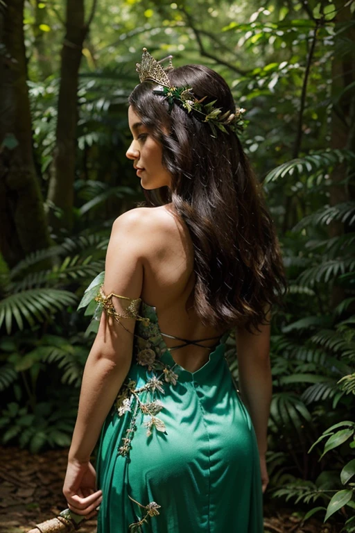 dominican  In a mystical forest, amidst the emerald foliage and dappled sunlight, stands Elara, the Enchantress of the Woodlands. She wears a gown crafted from intertwining leaves and vines, accentuated with delicate flowers and feathers. Her long, flowing hair cascades down her back, adorned with blossoms and adorned with a crown of intertwined branches. With a staff of polished wood in hand, she emanates an aura of ancient magic and serene power.