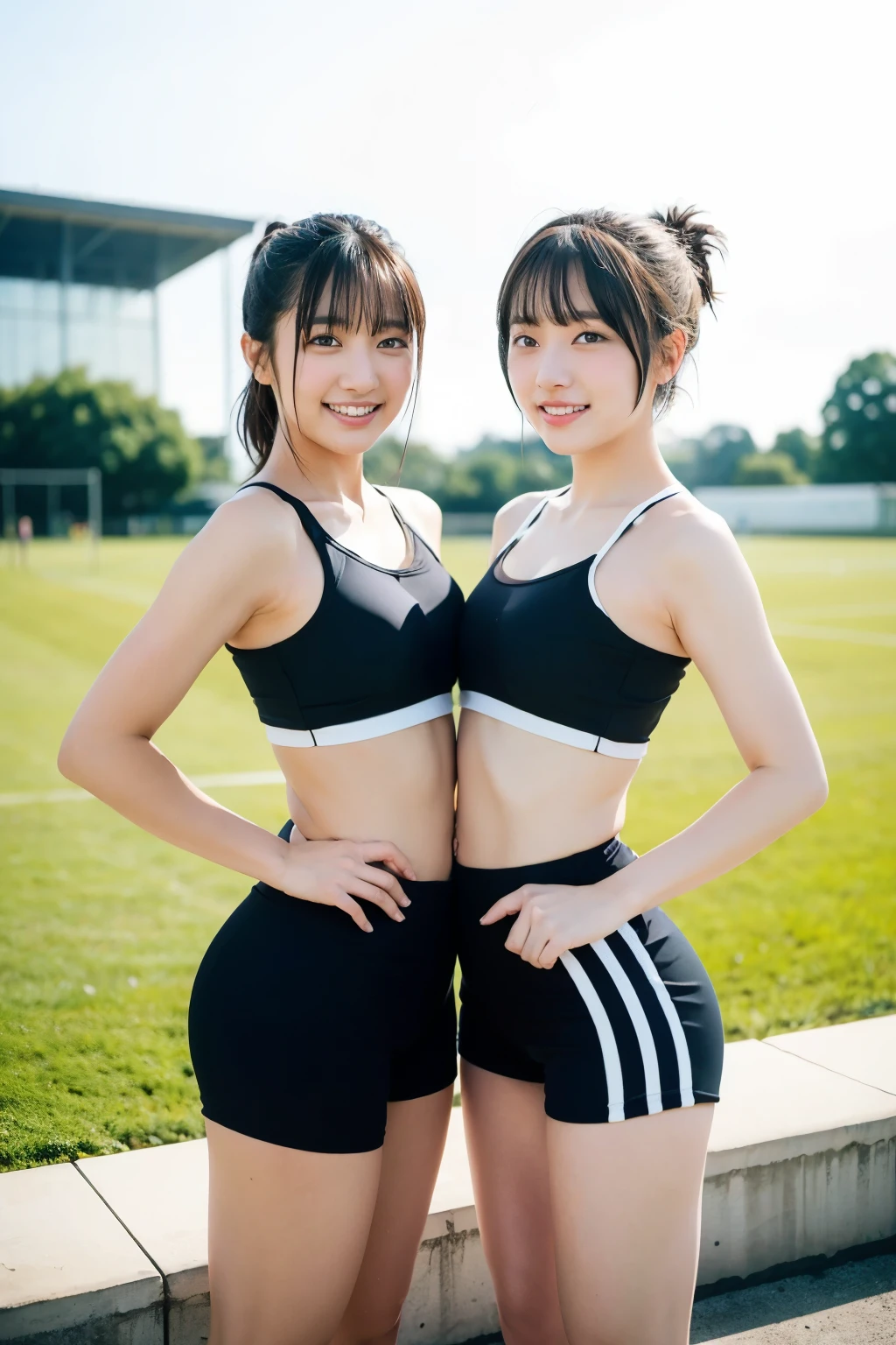 two girls at the track and field,wearing a track and field uniform、sports bra、beautiful butt、bloomers、Plump round butt,compression shorts,18-year-old,bangs,a little smile,thighs,knees,short cut hair,low ponytail,from below,front light、big breastoriman