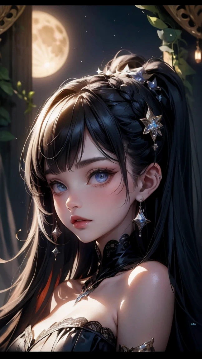 Cute Girl, black lace dress,portrait,beautiful detailed eyes,beautiful detailed lips,long eyelashes,witch,black magic wand,moonlight,enchanted forest,mysterious atmosphere,gothic style,vivid colors,dynamic pose,soft lighting,powerful gaze,hauntingly beautiful,ethereal beauty,storybook illustration,contrasting tones,dark and light,whimsical feel,fantasy elements,elaborate hairstyle,mystical aura,sparkling stars,alluring charm,eventide,casting spells,hidden secrets,glowing moon,enchanted powers,spellbinding,beauty and mystique,moonlit sky,otherworldly presence,alluring gaze,mesmerizing allure