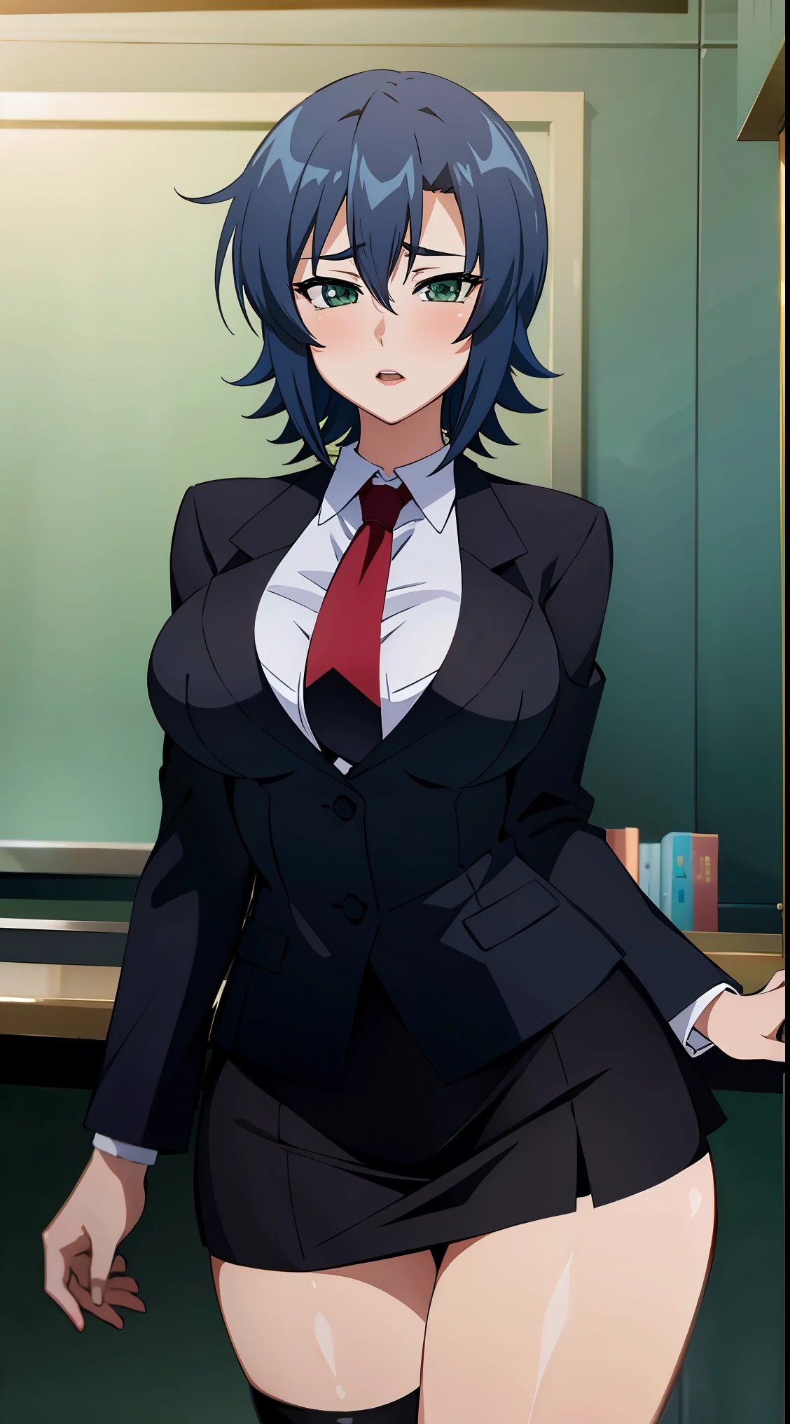 Stunning intricate full color portrait, kazama rinne,short hair,adult women, 20's style,natural lip,green eyes,blue hair,pupil of the eye,light in the eyes,female teacher,Ladies Suits,black blazer,white shirt,red tie,black tight skirt,black tights, １with people,(beautiful_medium breasts:1.2), (beautiful_face:1.3),(beautiful_thighs:1.1),