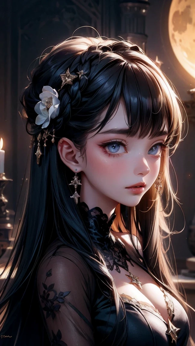 Cute Girl, black lace dress,portrait,beautiful detailed eyes,beautiful detailed lips,long eyelashes,witch,black magic wand,moonlight,enchanted forest,mysterious atmosphere,gothic style,vivid colors,dynamic pose,soft lighting,powerful gaze,hauntingly beautiful,ethereal beauty,storybook illustration,contrasting tones,dark and light,whimsical feel,fantasy elements,elaborate hairstyle,mystical aura,sparkling stars,alluring charm,eventide,casting spells,hidden secrets,glowing moon,enchanted powers,spellbinding,beauty and mystique,moonlit sky,otherworldly presence,alluring gaze,mesmerizing allure
