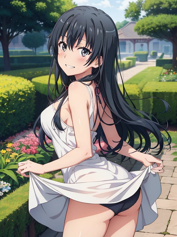 ((masutepiece, Best Quality, hight resolution, nffsw, Perfect Pixel, depth of fields, 4K, )), 1girl in, Solo, , Beautiful anime girl, Beautiful Art Style, 
running:1.3, garden background, Looking back,
Perfect body, grin smile, lift skirt, show panties:1.3, white dress:1.2

yukinoshita yukino, black hair, long hair, medium breasts, Full face blush, 
straight-on:1.4