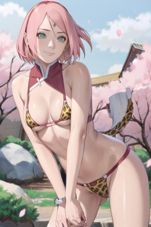 masterpiece, disorganized ,1 girl, haruno sakura,Forehead mark, red hair band, , between legs, bracelet, looking at the viewer, , smile, cherry blossoms, Wind, floating hair,leopard print bikini,short hair