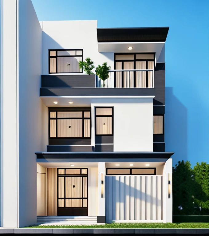 (masterpiece),(high quality), best quality, real,(realistic), super detailed, (full detail),(4k),8k,modern house exterior design,Modern architecture,Beautiful_sky,Day light, no_humans, outdoors,sky,tree,Garden flower front of building