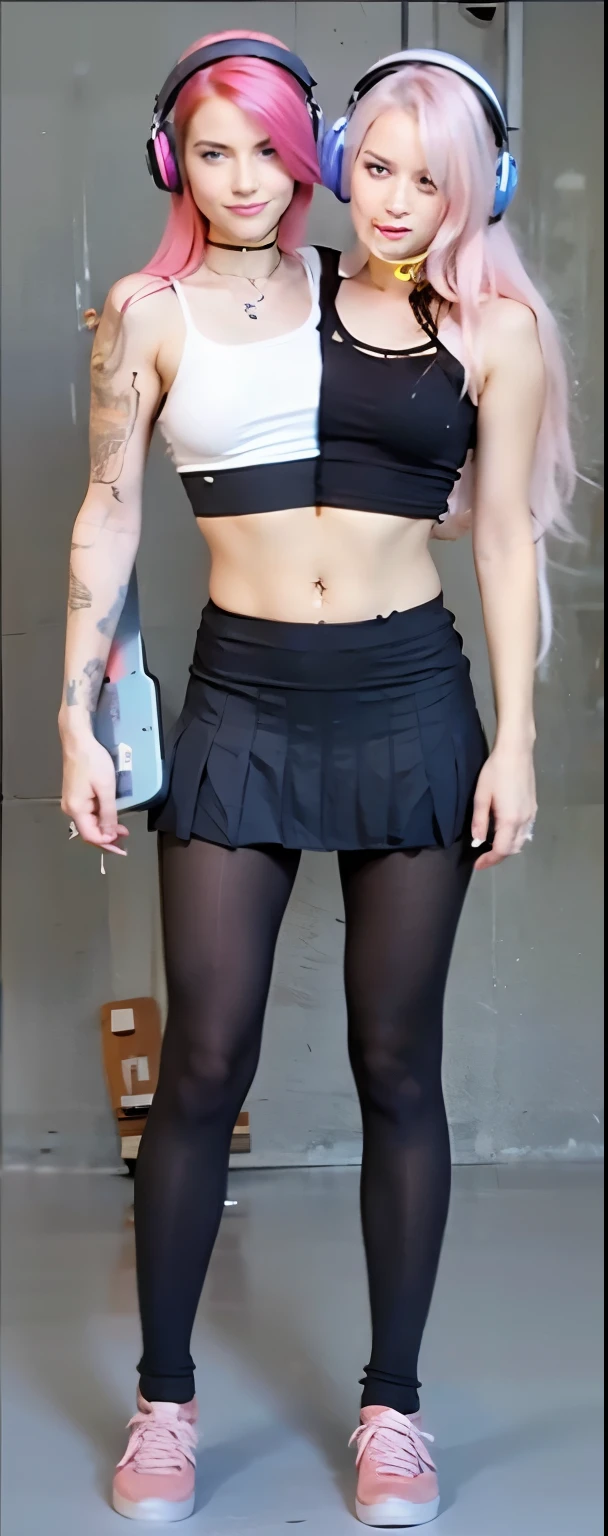 (masterpiece, best quality), best resolution, (2heads:1.5), (Two heads), 1girl, conjoined, solo, black skirt, blue eyes, electric guitar, guitar, headphones, holding, holding plectrum, instrument, long hair, , music, one side up, pink hair, playing guiter, pleated skirt, black shirt, indoors
