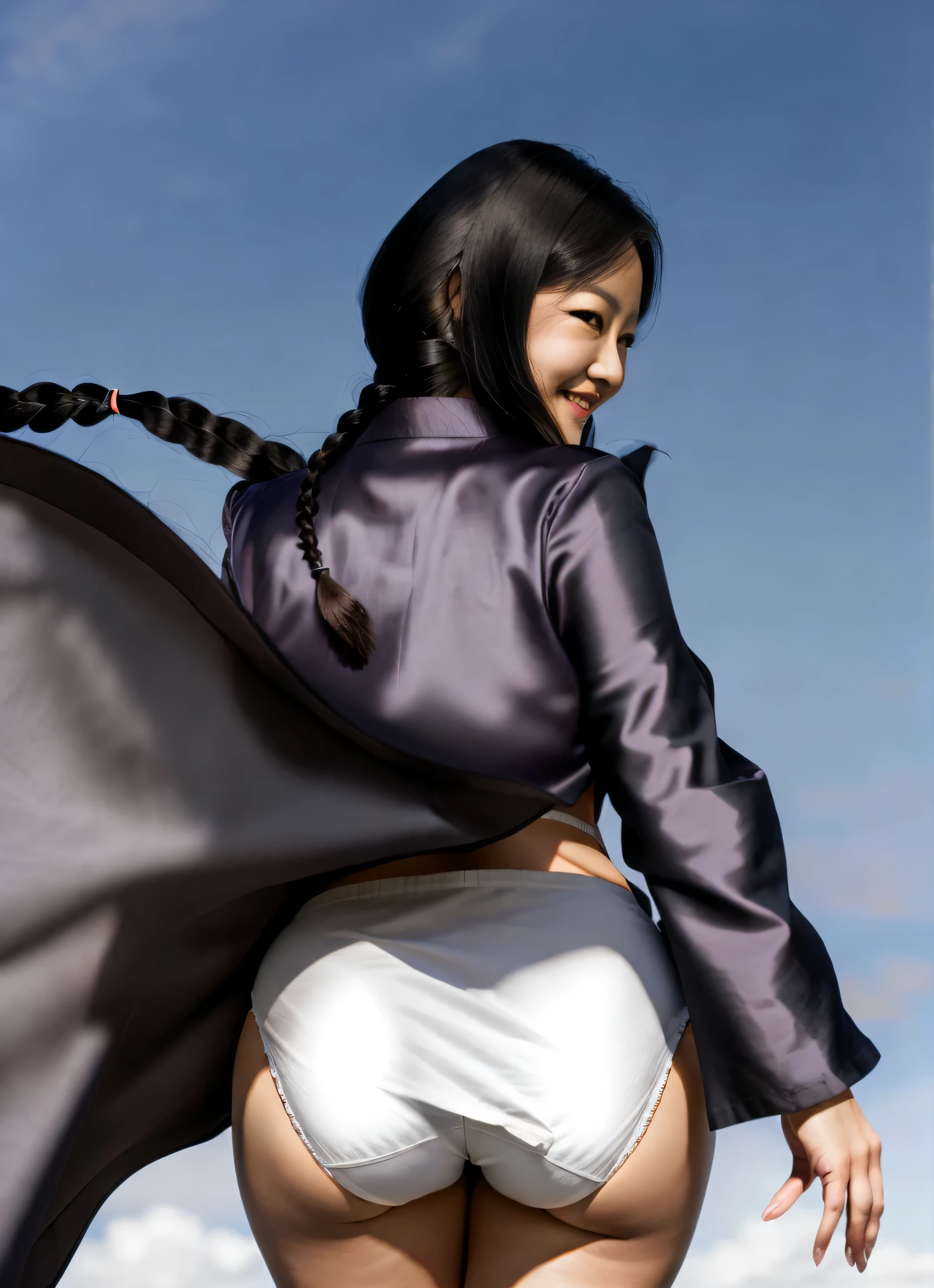 ((masterpiece, best quality)), ((39 year old)), (((Curvy))), ((Japanese woman with long black braided hair)), ((white fullback cotton panties)), purple kimono, Blue eyes, windy day, smiling, (((photo realistic)))