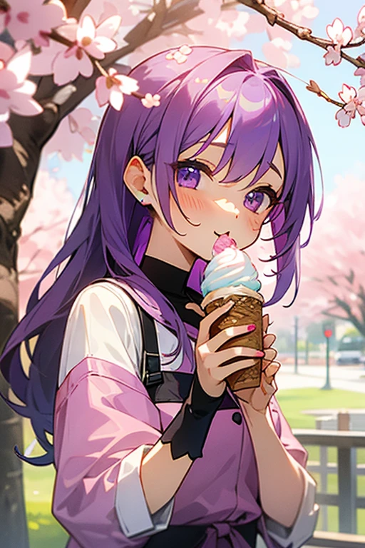 purple mesh、cute girl、eat ice cream、Cafe、Cherry Blossom