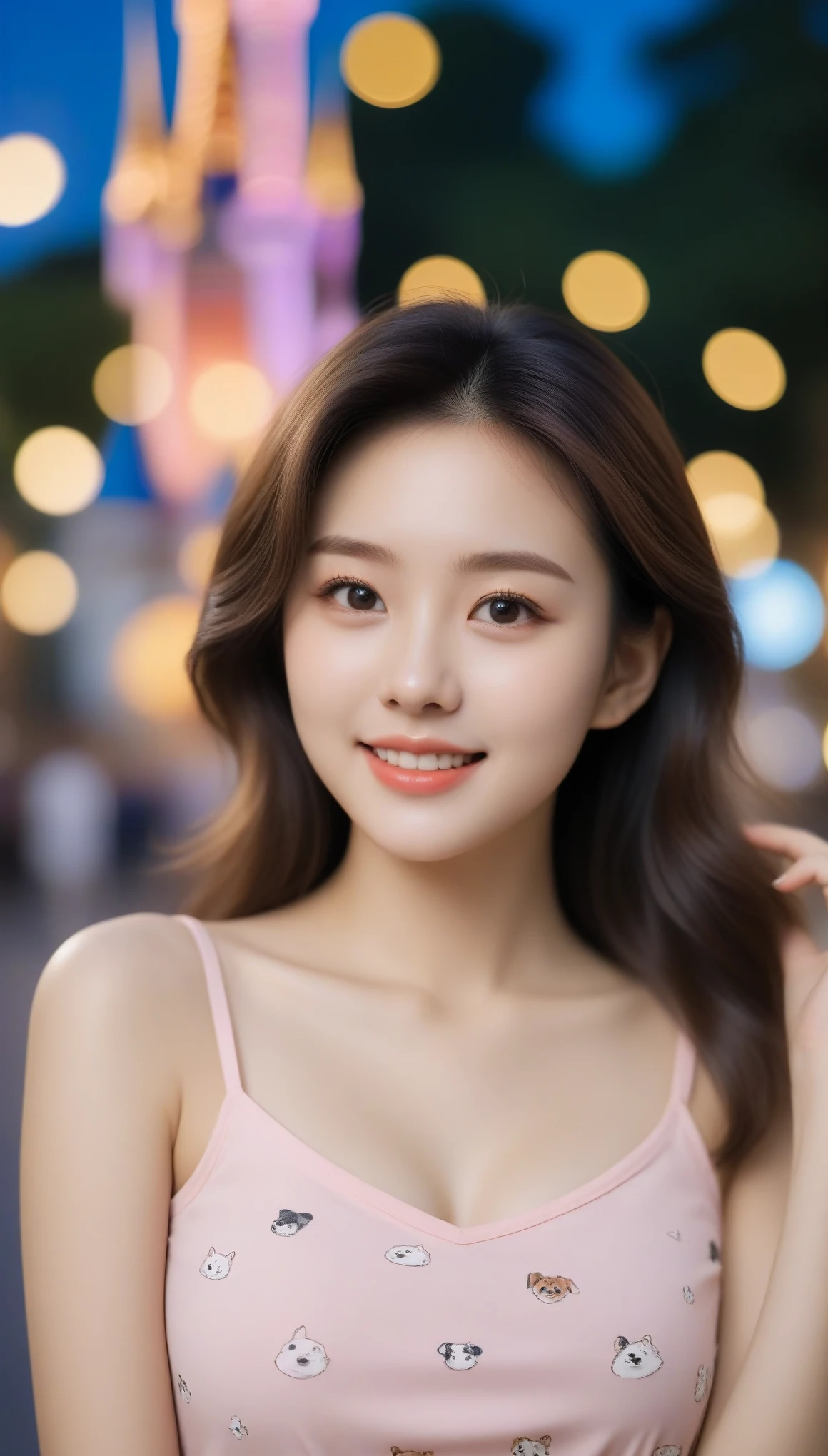 close-up of beautiful korean female, 34 inch breasts size, wearing dog pattern camisole, happy pose, in Disney land, bokeh background, Polaroid photo, UHD