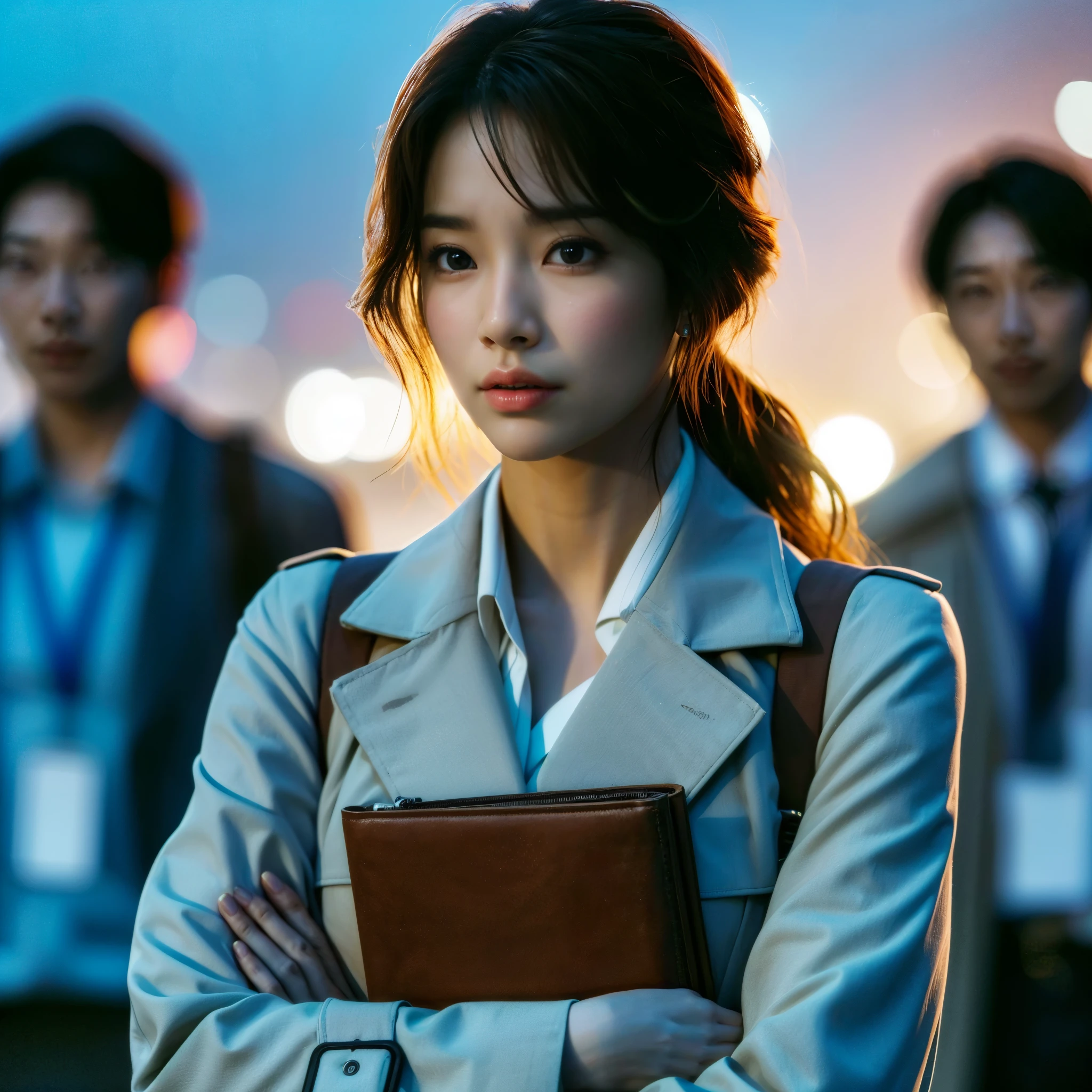 A woman standing with her arms crossed、There is a man standing behind it, iu Lee Ji Eun as a super villain, song hye kyo, korean artist, Jung Sang Soo, 8K movie still, korean woman, movie highlight scenes, high drama, Choi Hong Hwa, Korean female actress, Lee Ji Eun