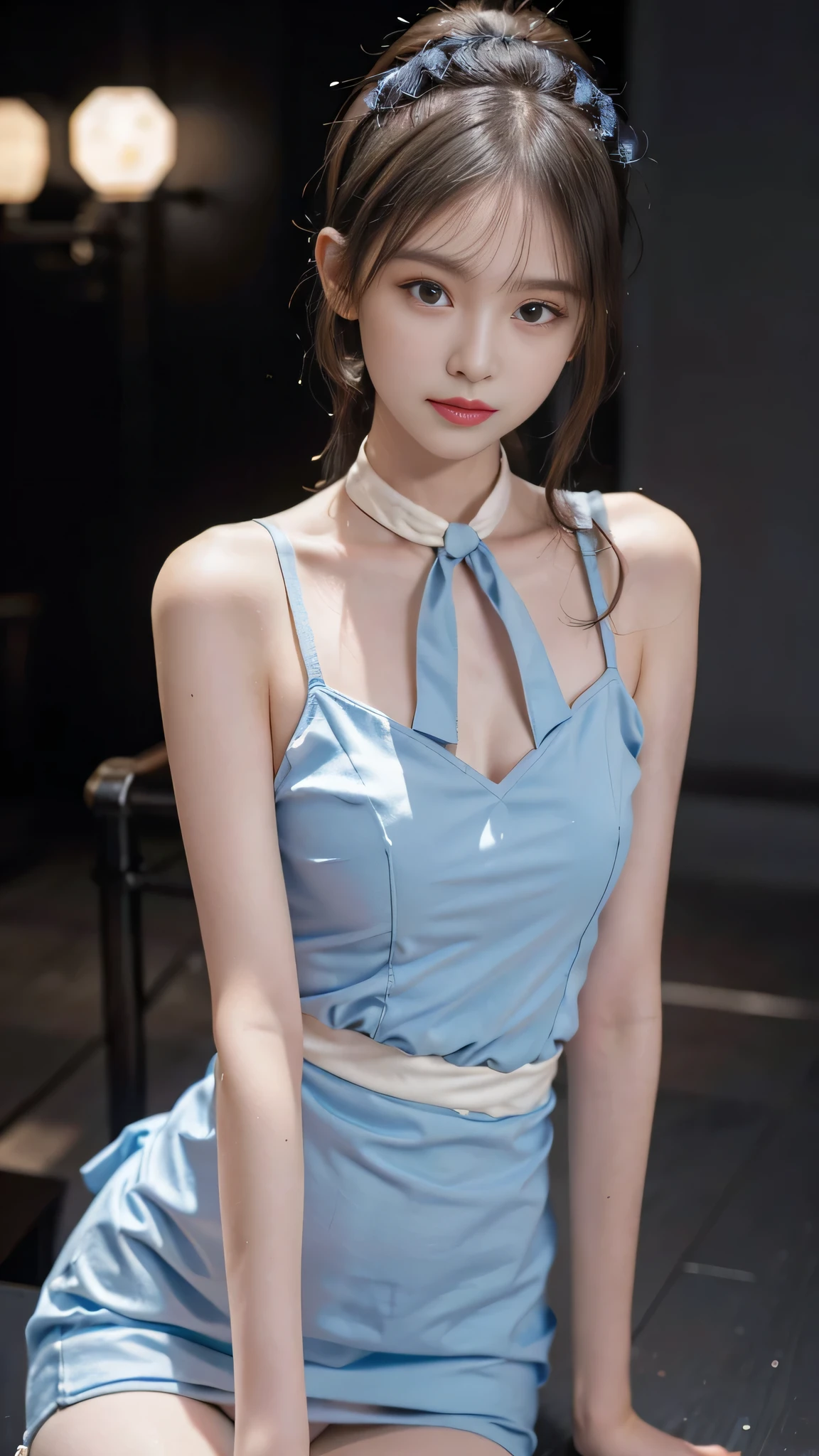 don't show skin,close up of face,Are standing,standing on stage,Blue colored long dress with lots of ruffles,One woman,masutepiece, The highest image quality, High quality, the background is clear,Beautiful woman, Japanese, Detailed, Detailed eyes, Detailed skin, Beautiful skin, 超hight resolution, (reality: 1.4),Very beautiful woman, Slightly younger face, Beautiful skin, slender, (Ultra photo realsisim), (hight resolution), (8K), (Very detailed) (beautifully detailed eyes), (super detailed), (Detailed face), view the viewer, Fine details, Detailed face, Staring straight ahead, Staring straight ahead, photos realistic, Bright lighting, Professional Lighting, Black hair,poneyTail,a ,fifteen ye is ponytail,long ponytail hairstyle,slight smile,neat and tidy clothing,Beautiful Japanese KPOP idol photo, hair style is ponytail, my eyes are double and wide, baby face, smile and look ahead, slender, small breasts,close up face,softly shaped skirt, Blue ribbon on head,