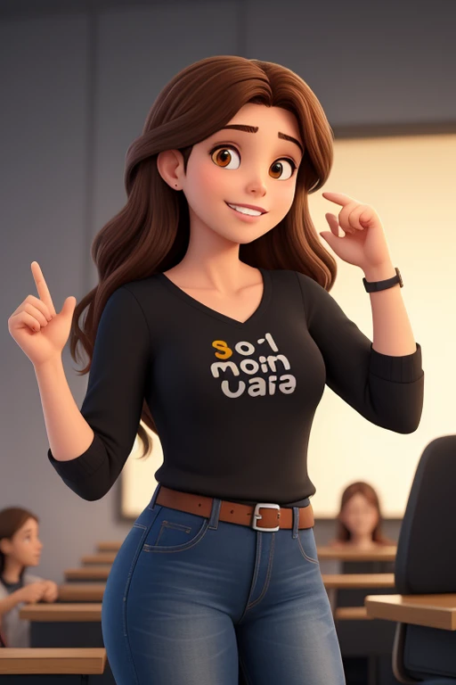 A 37 year old woman, with long dark brown hair , cara redonda, sonrisa encantadora, y ojos marrones, En un aula, studio lighting, Sign language interpreter and sign language teacher.. ella lleva ropa negra, saco,blusa y jeans negros