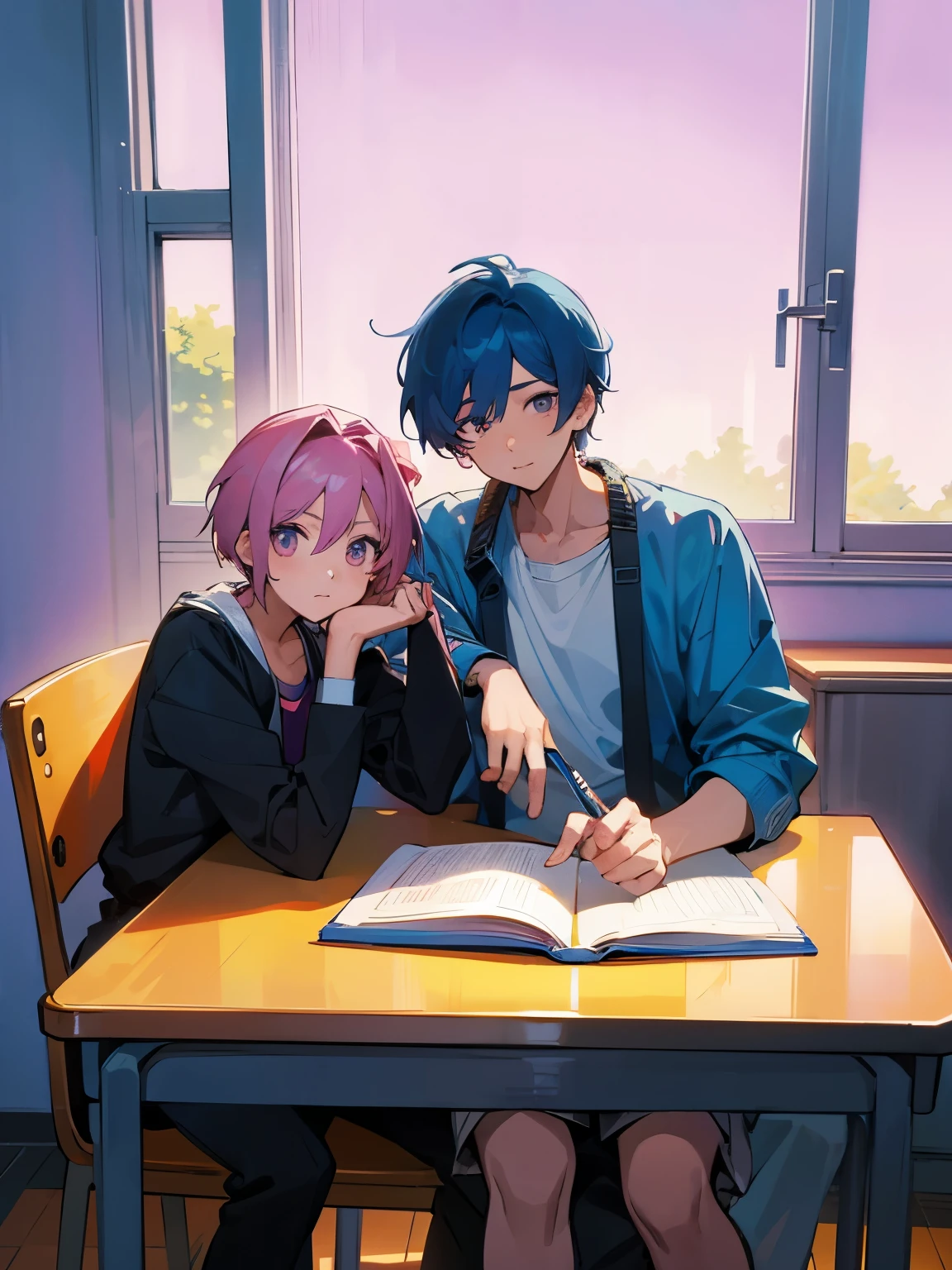 cartoon of two boys sitting at a table with a book and a backpack, ddlc, in the art style of 8 0 s anime, 9 0 s anime style, 90s anime style, in anime style, in an anime style, anime aesthetic, anime vibes, 9 0 s anime aesthetic, 9 0 s anime art style, lofi boy, typical anime classroom, beautiful background window, two cute boys, beautiful faces