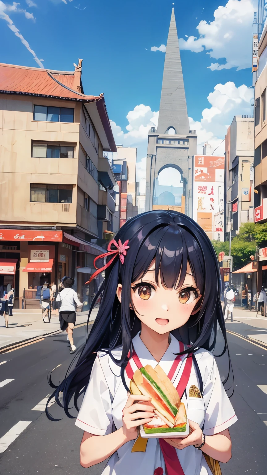hyper cute Japanese in a uniform that incorporates and fuses Egyptian culture, with more Egyptian elements, designs, accessories, depicting a lively morning school commute scene in a bright and cheerful atmosphere. ultra detailed, beautiful illustration, holding a pyramid-shaped sandwich. By Moyoco Anno, Ken Akamatsu, Akira Himekawa