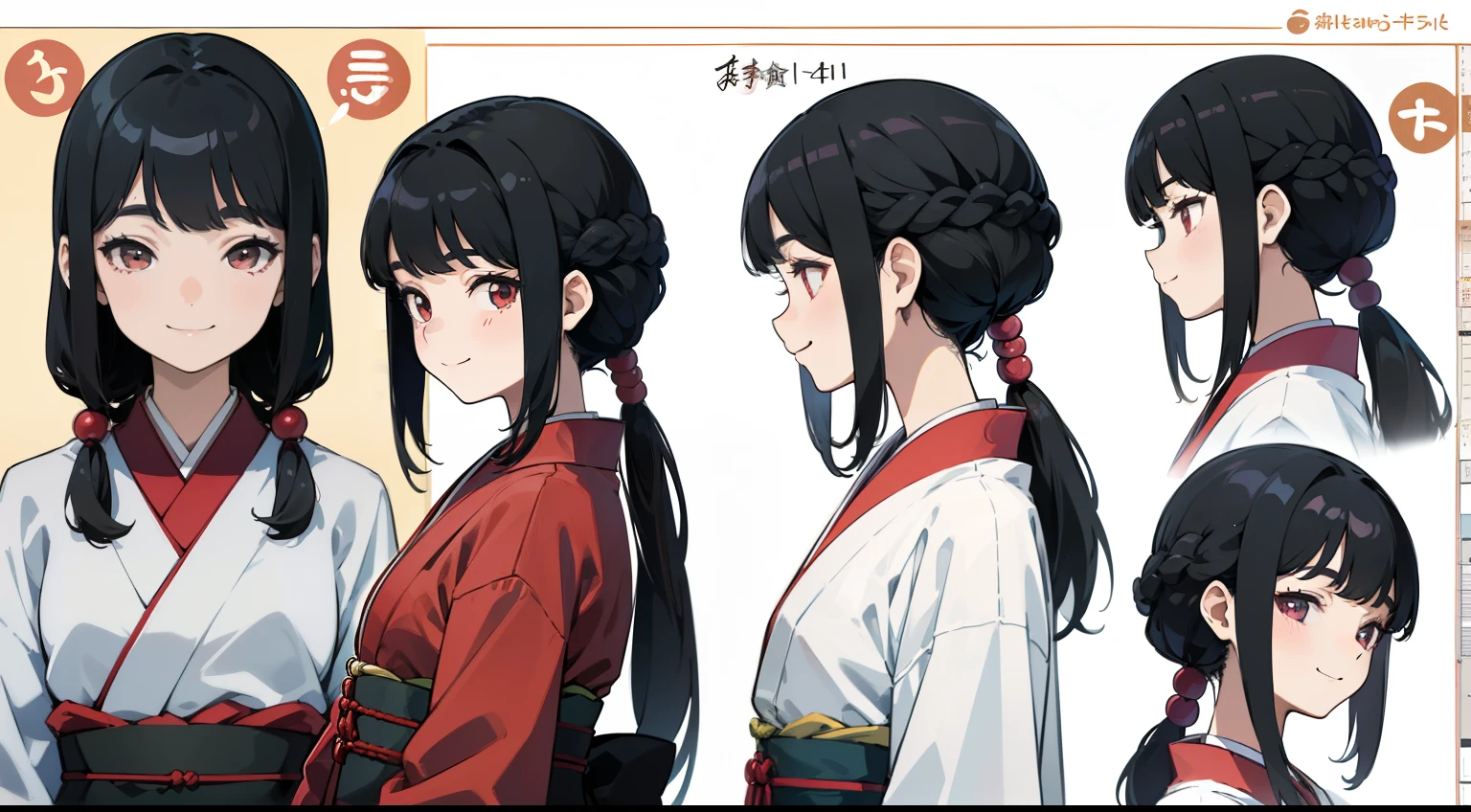 16 years old, Black Hair Girl, Hair length to the armpits (((Happy smiling face expression))) ,japanese kimono, ((Odango hairstyle)) (((detailed character sheet, Front view, Side view, 3/4 view)))