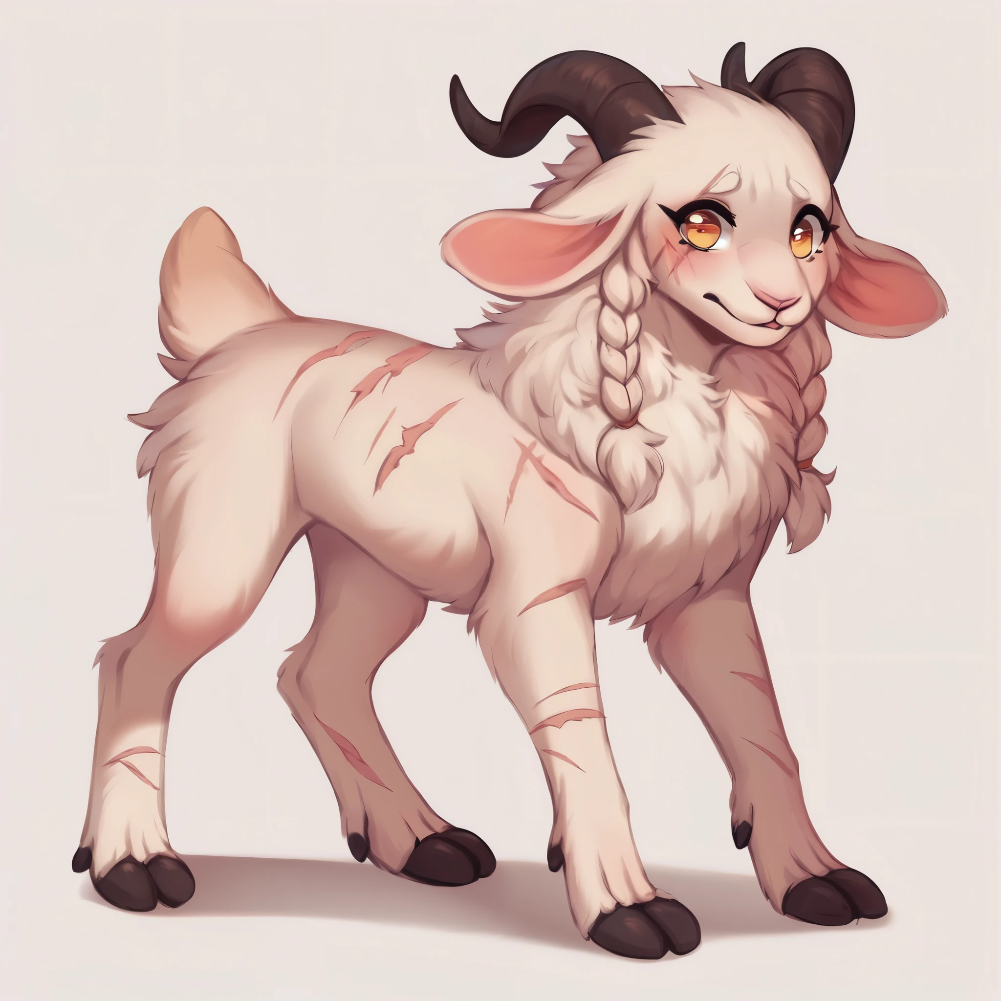 score_9, score_8_up, score_7_up, score_6_up, score_5_up, score_4_up, show accurate, full body, hungry body, simple background, feral goat, female goat, white fur, albino fur, single color fur, teenage goat, adorable face, goat horns, goat pupil, golden eyes, shy look, terrified look, mane covering the neck, small braids in her hair and mane, standing on all fours, many scars all body, long scars, scars on the face,