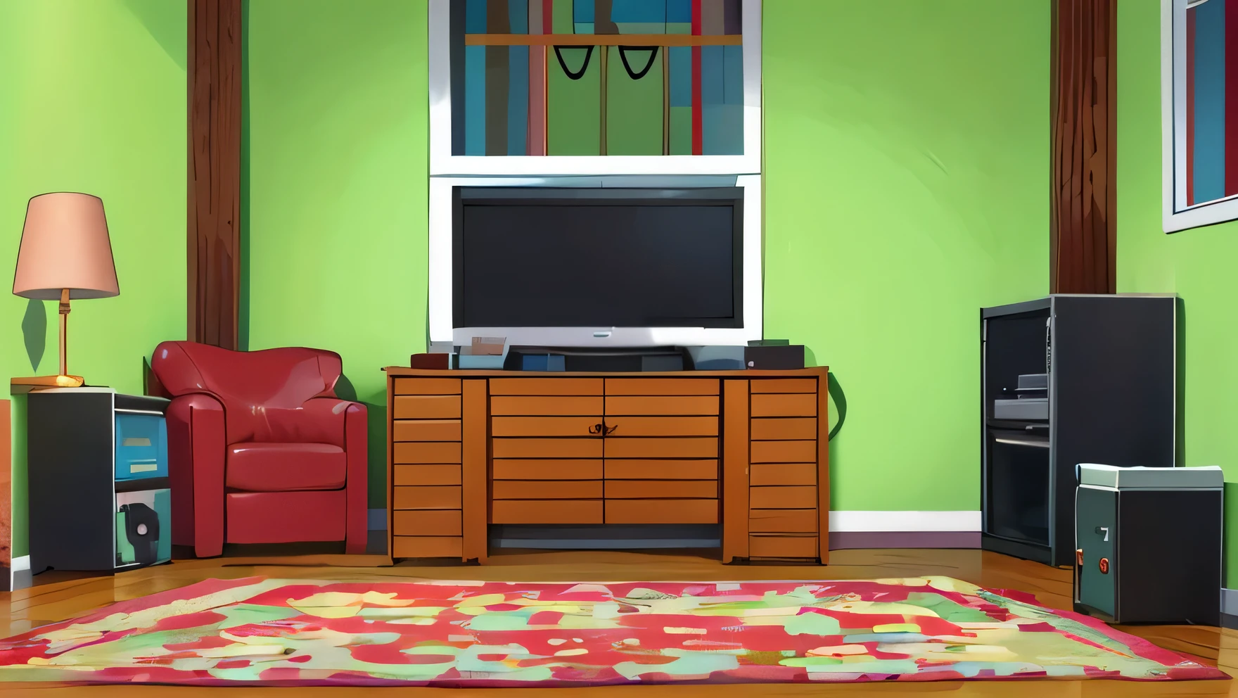 2D background for anime video. , room with white wall and a T.V on a table in the center and a door to the next room. , illustration