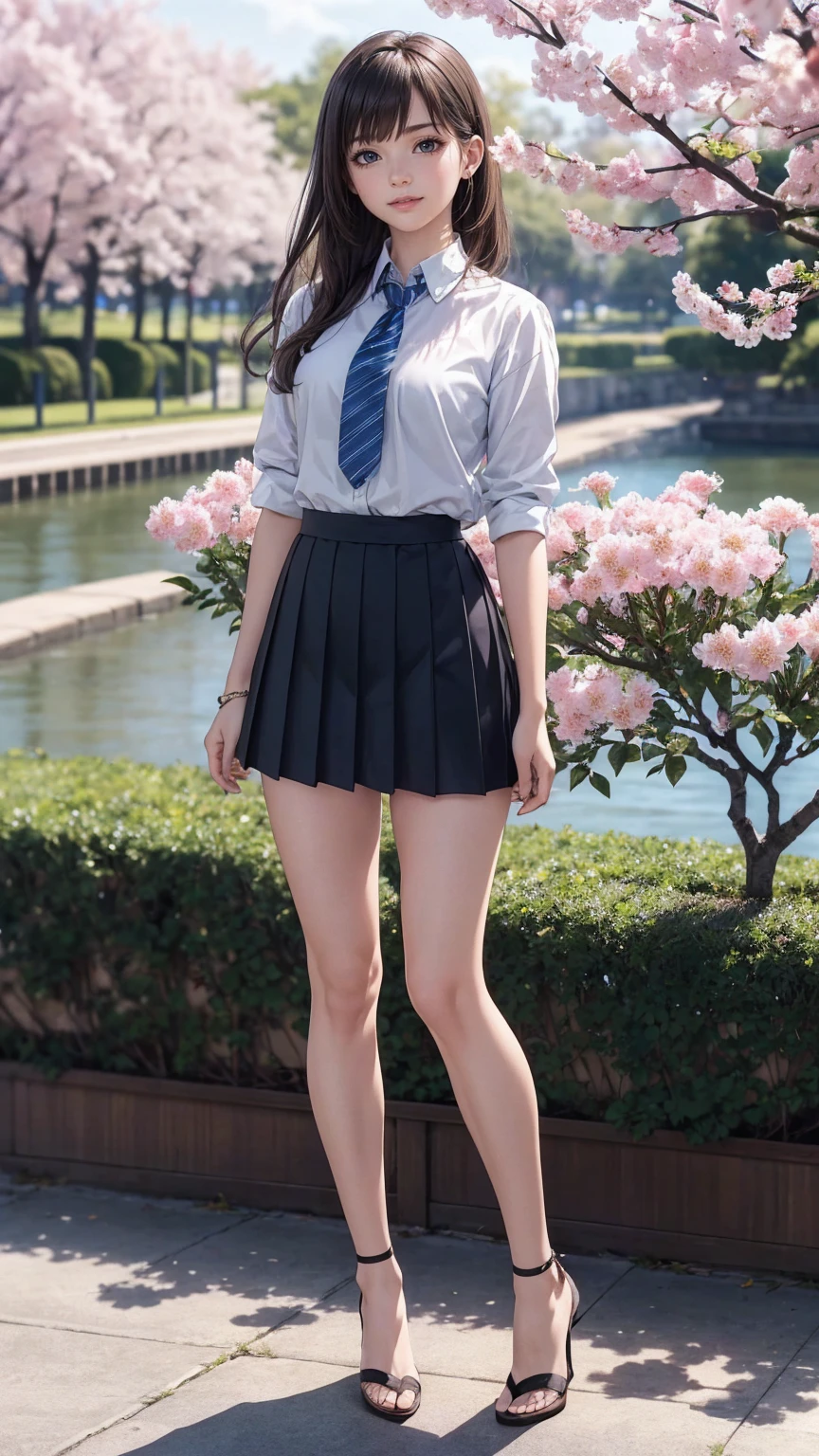 (8K, RAW photo, highest quality, masterpiece:1.2), (realistic, photo-realistic:1.37)、26 year old white woman、hair is platinum blonde、eye color is blue、long hair、I braid it lightly、Slender but well-proportioned muscular body、accessories on the wrist、setting hair、I&#39;m punching my chest、wearing a knit dress、accessories on the ankle、smile、I&#39;m wearing a hair band、wearing a tie front shirt、My abs are cracked、I can see my bellybutton、She is wearing a low-rise micro-mini length pleated skirt.、wearing stockings、wearing high heels、I&#39;m in a row of cherry blossom trees planted along the river.、Cherry blossoms are in full bloom、smile
