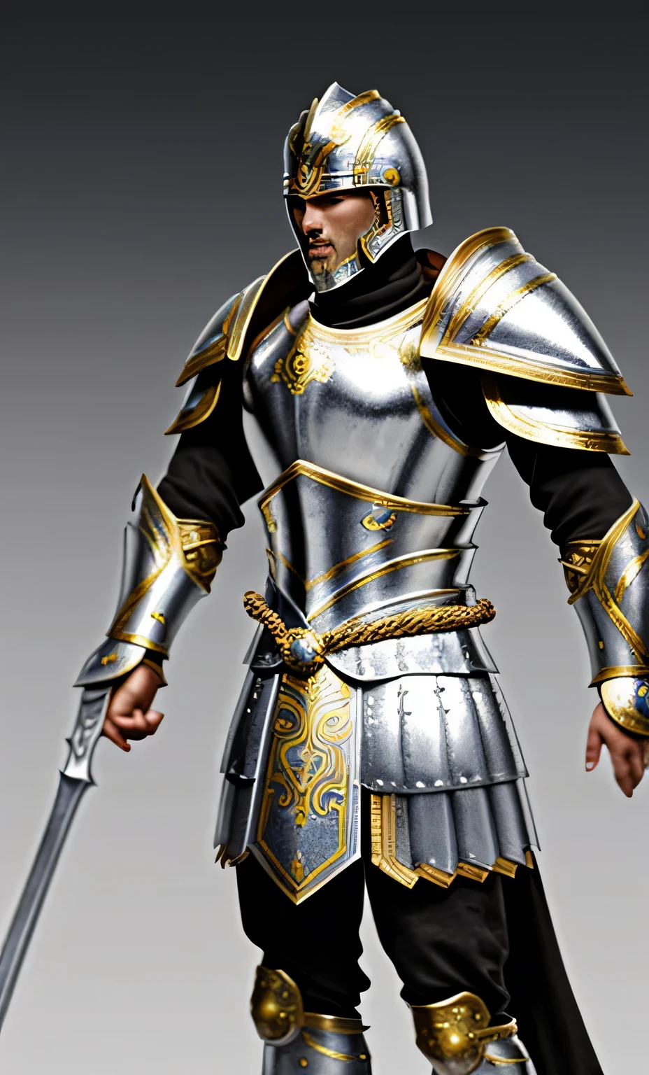 Futuristic serbian warrior with historic-like armor, golden-silver edges of armor, shining, blurry background, blurry foreground, detailed armor