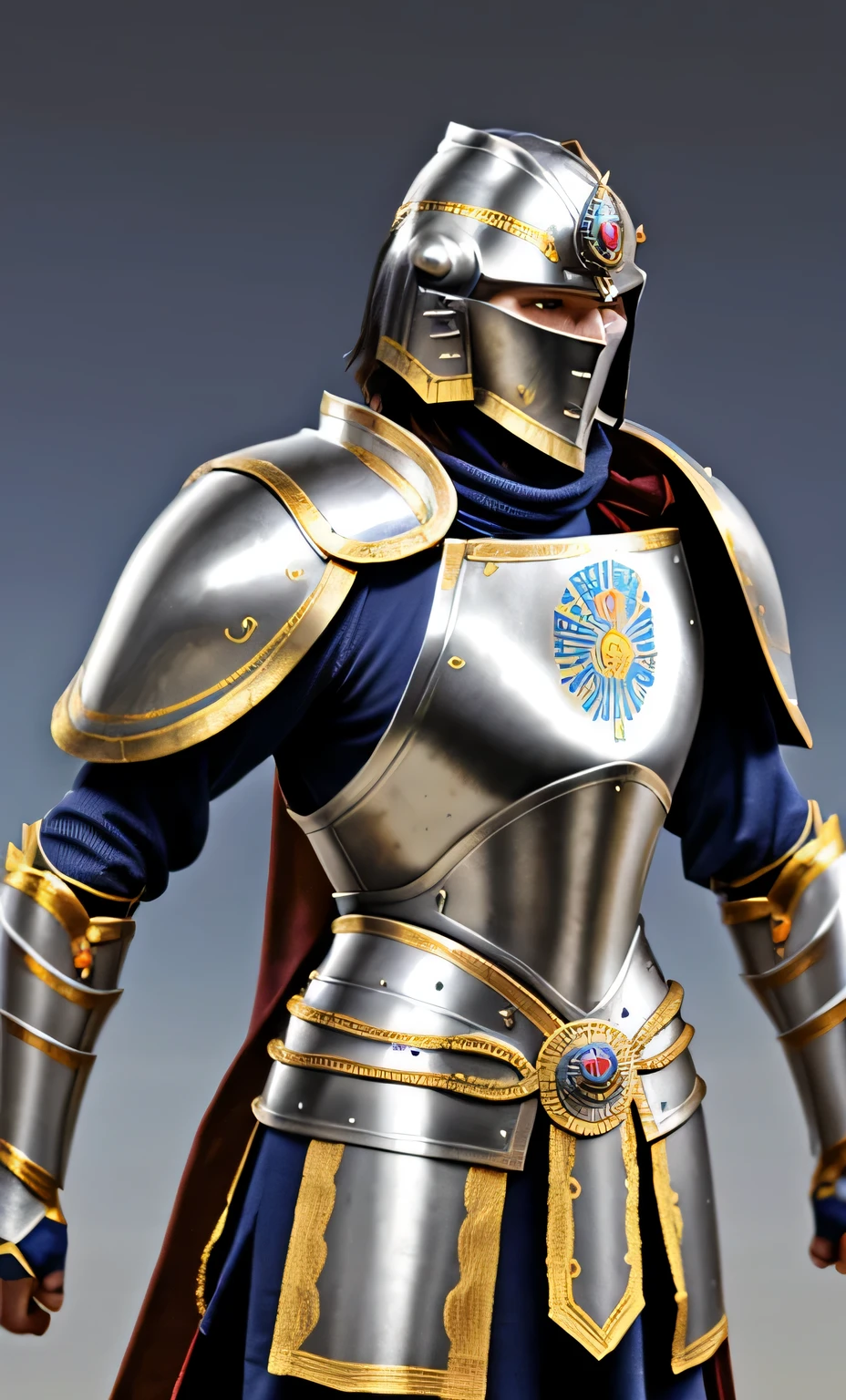 Futuristic serbian warrior with historic-like armor, golden-silver edges of armor, shining, blurry background, blurry foreground, detailed armor