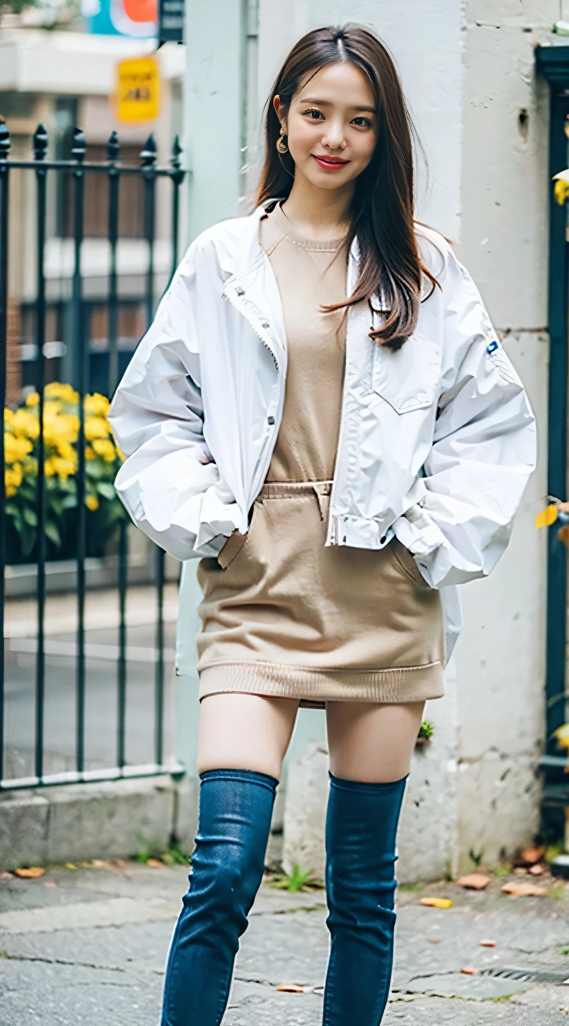 (8K、Raw photo、highest quality、masterpiece:1.2)、(realistic、Photoreal)、1 girl、((smile、ee-through、Navel exposed、boots、stand with hands on hips、big breasts、Seen from the front、stand with legs apart、))、lots of eyelashes、Glitter on your eyelids、skeletally correct、smile、standing with hands on hips、
