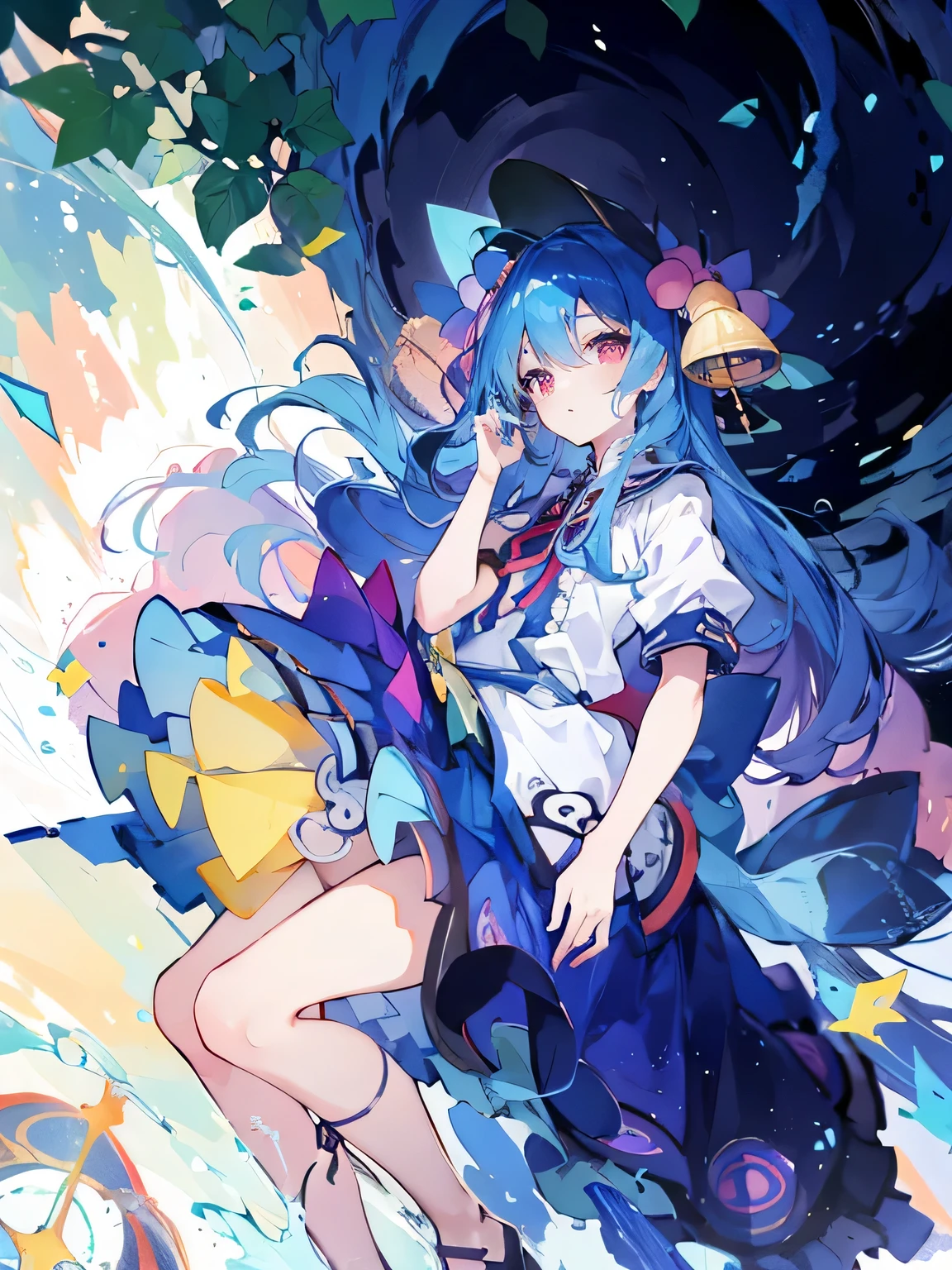 (masterpiece),best quality, expressive eyes, perfect face, 1girl,
 Put your hands on your waist,fair, Gorgeous,Japanese cartoons,girl,lola,Hina Angel, blue hair, blue haired, floating clothes,Grab your waist, Grab your waist, hands on hips , hands on hips,flat chest