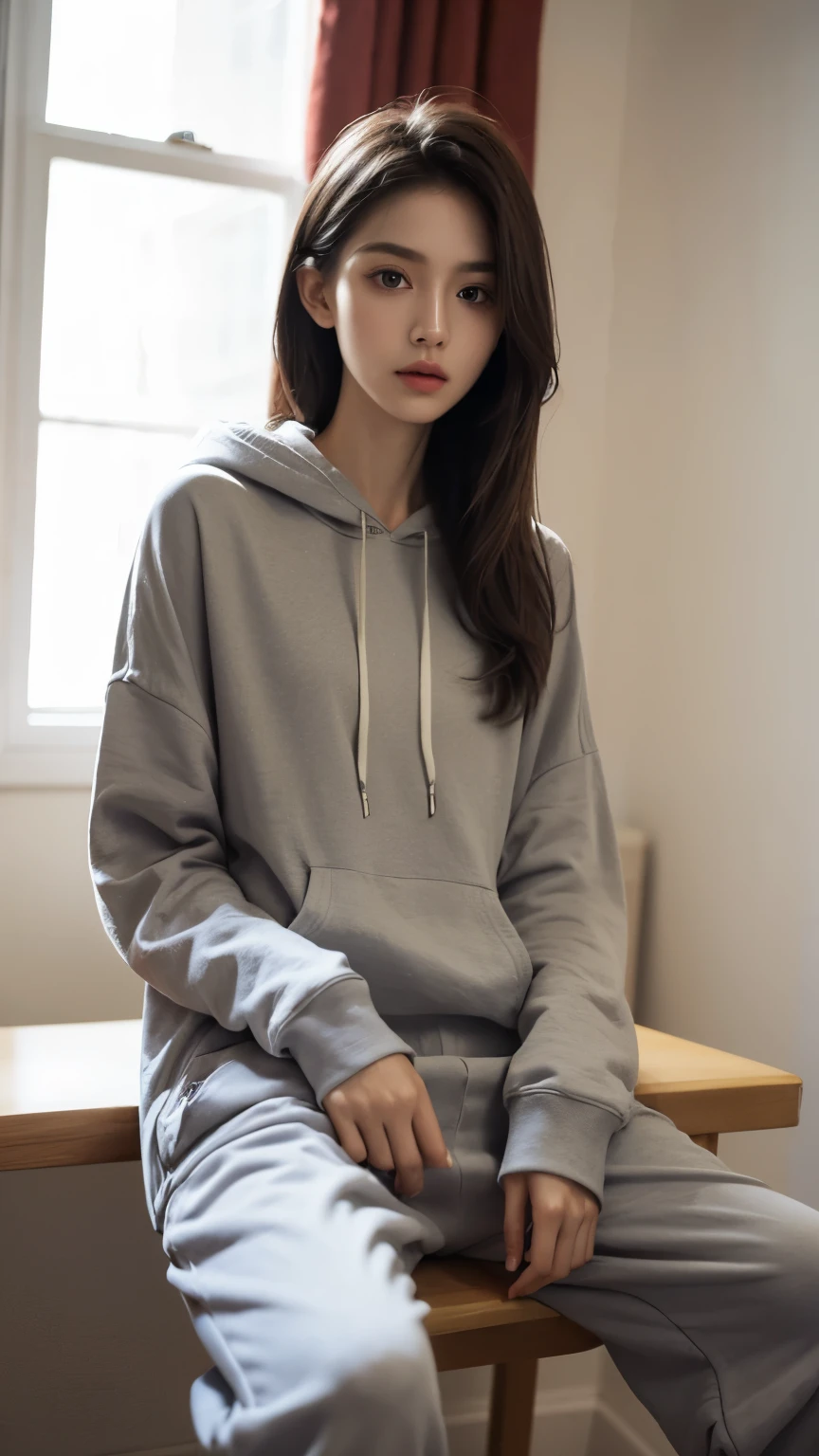 (Photorealistic),(Masterpiece),(ultra-detailed),a tall very beautiful and extremely thin girl who is literally just skin and bones because of being severely malnourished and looks so fragile and delicate and has big eyes and very small head, can see all her bones,sitting on a chair,she has very small and thin body frame and legs,extremely slender build, wearing a baggy hoodie which is just hanging on and baggy sweat pants,extremely tired