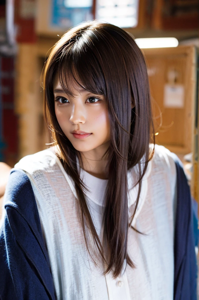 (8K, Raw photo, highest quality, masterpiece:1.2), (realistic, photo-realistic:1.37), Super detailed, ultra high resolution,1 girl,looking at the viewer,beautiful and detailed face,smile,narrow,(slim waist:1.3),shirt, Beautiful and smooth skin, skin texture, floating hair,professional lighting、big breasts、下着が見える透けるshirt、Upper body、