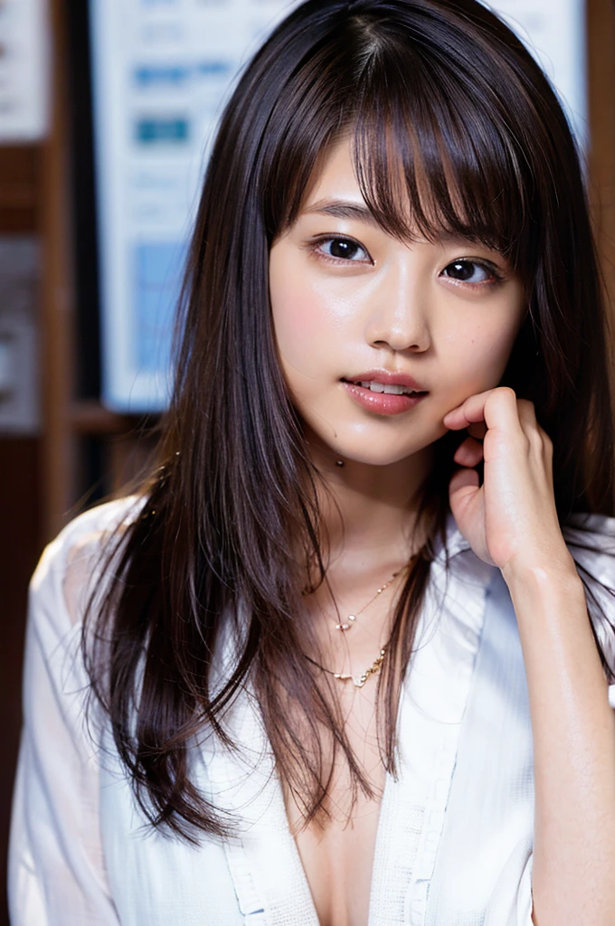 (8k, RAW photo, top quality, masterpiece: 1.2), (realistic, photorealistic: 1.37), super detail, ultra high resolution, one girl, beholder, beautiful detailed face, smile, constriction, (slim waist): 1.3), shirt, beautiful detailed skin, skin texture, floating hair, professional lighting, big breasts, kind eyes, white sleeveless, peering,sexy